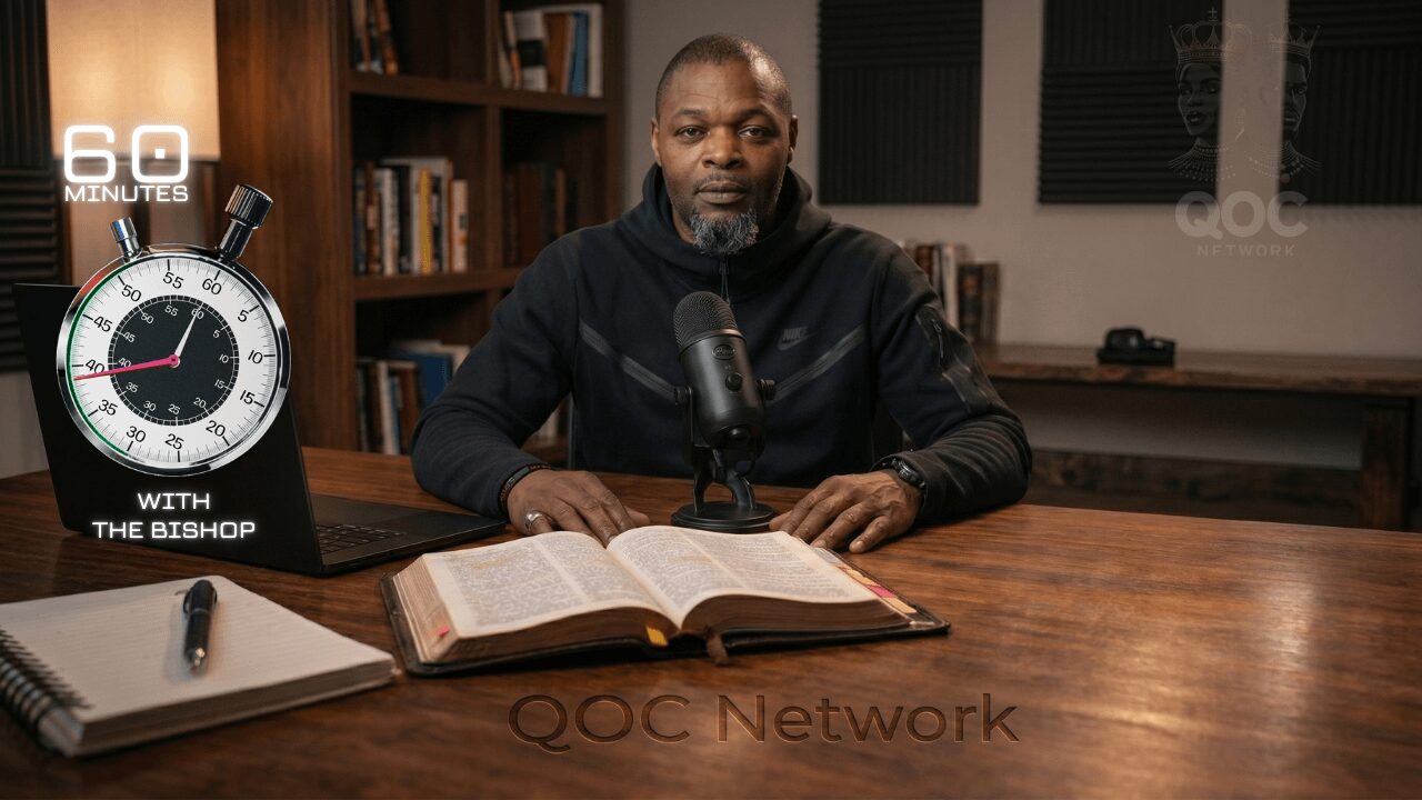 Man sitting at a table with an open book, microphone, and a clock graphic in a room with bookshelves.