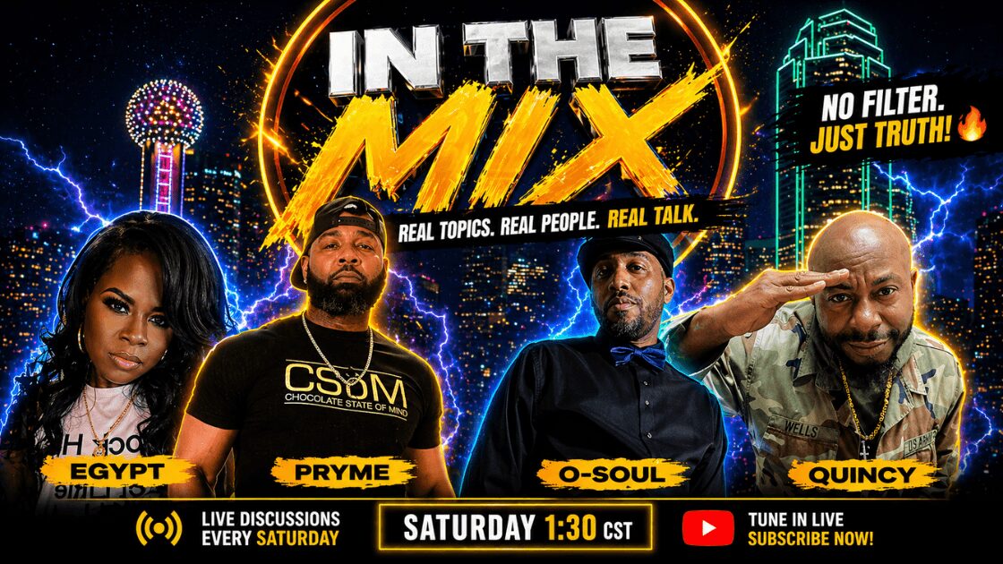 Four people pose in front of a colorful cityscape background with the text 'In the Mix' and event details.