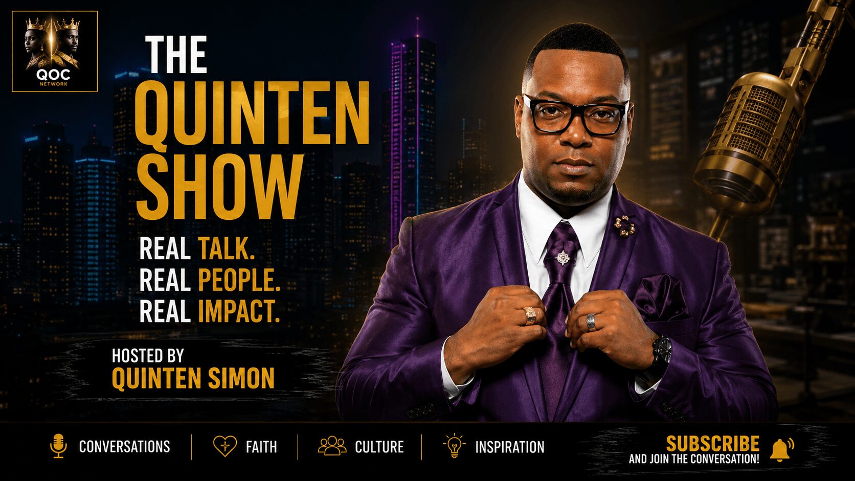 Promotional poster for The Quinten Show featuring a man in a purple suit and glasses, city skyline background, show title and host name.