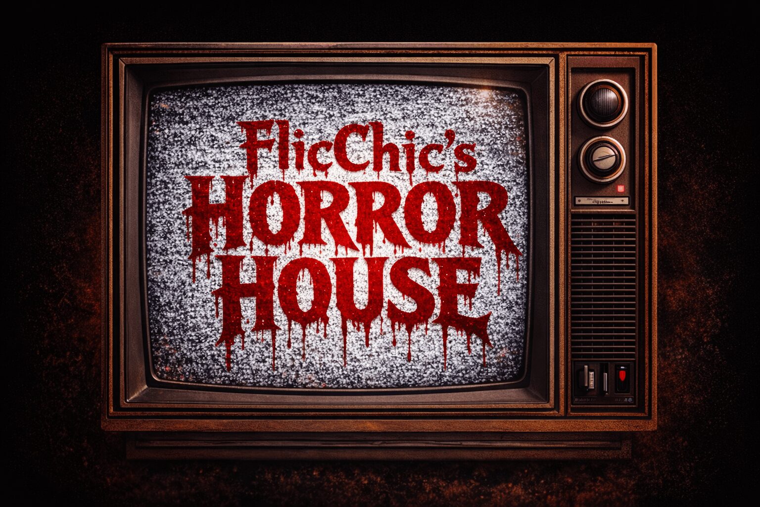 Old television with static screen displaying red text: 'FicChic's HORROR HOUSE'.