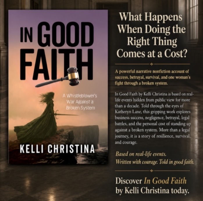 Book cover titled 'In Good Faith' by Kelli Christina, with a background of a cityscape at sunset, and a person walking with a briefcase.