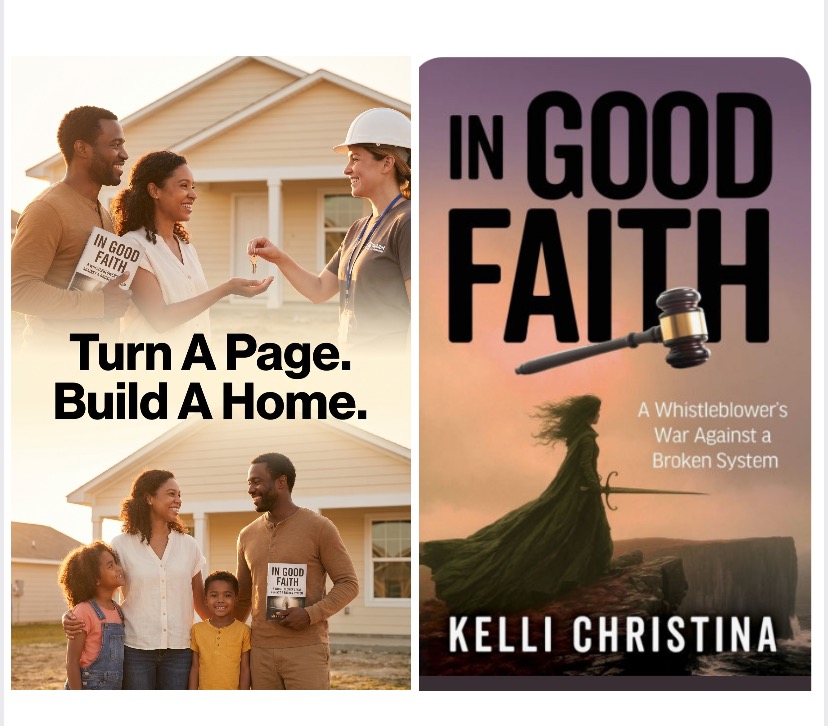 Two images: one of a family in front of a house, and another of a book cover with a gavel and landscape. Word count: 20, confidence: 0.9