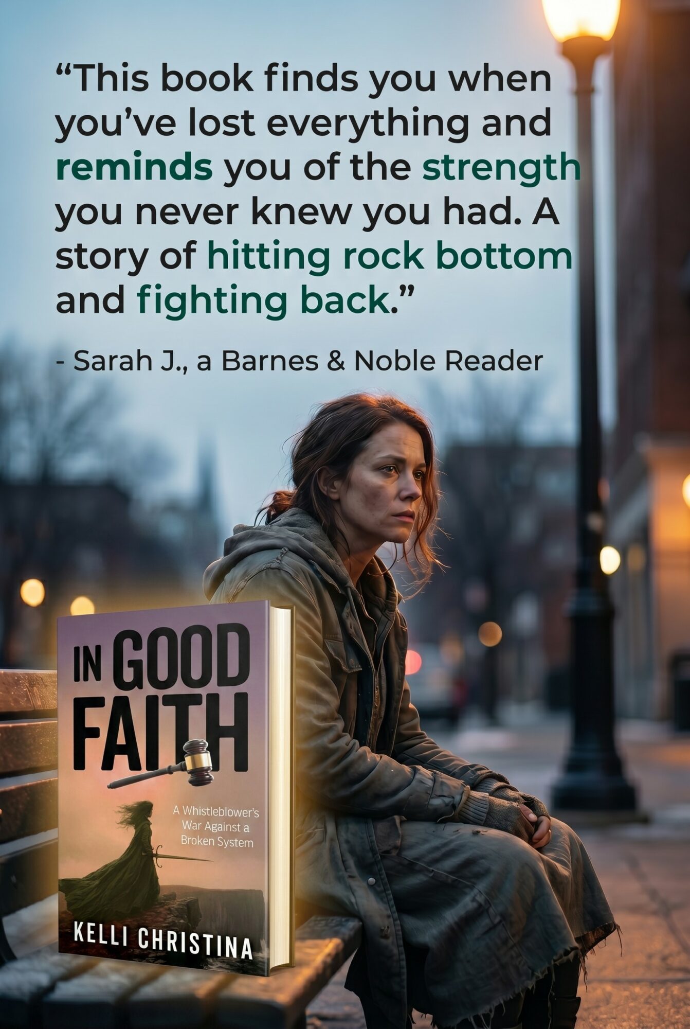 Woman sitting on a bench with a book titled 'In Good Faith' beside her, streetlights and trees in background.