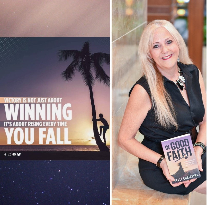 Split image with a sunset and palm tree on the left, and a woman holding a book on the right.