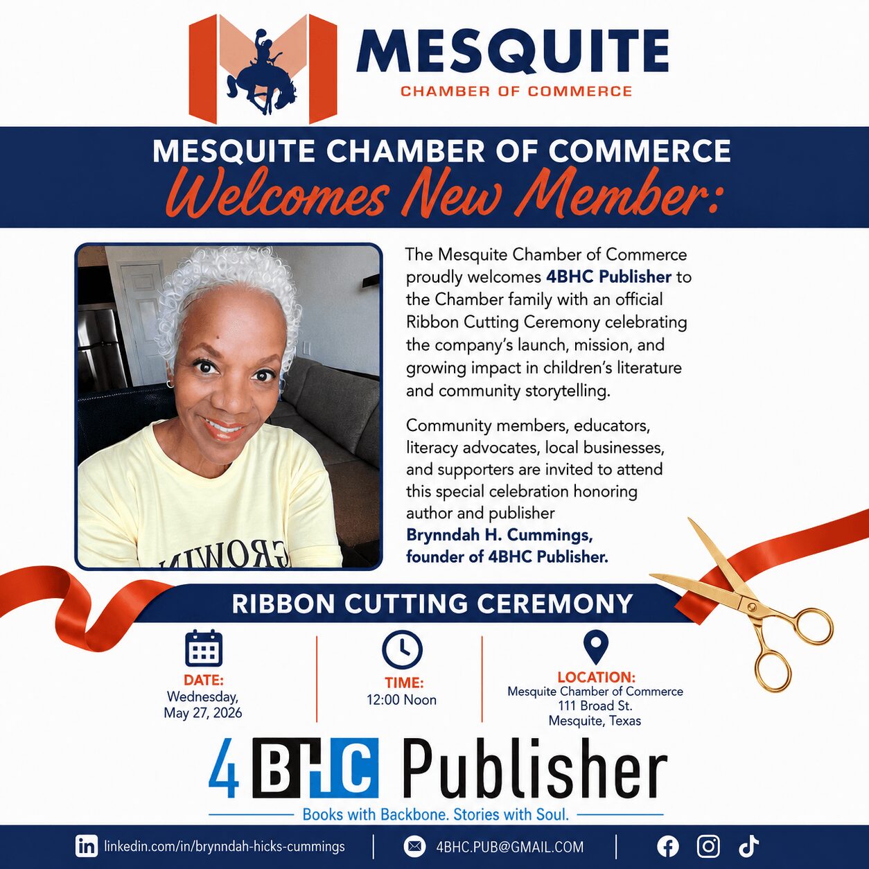 Woman smiling at ribbon cutting ceremony with scissors, Mesquite Chamber of Commerce banner, and event details.