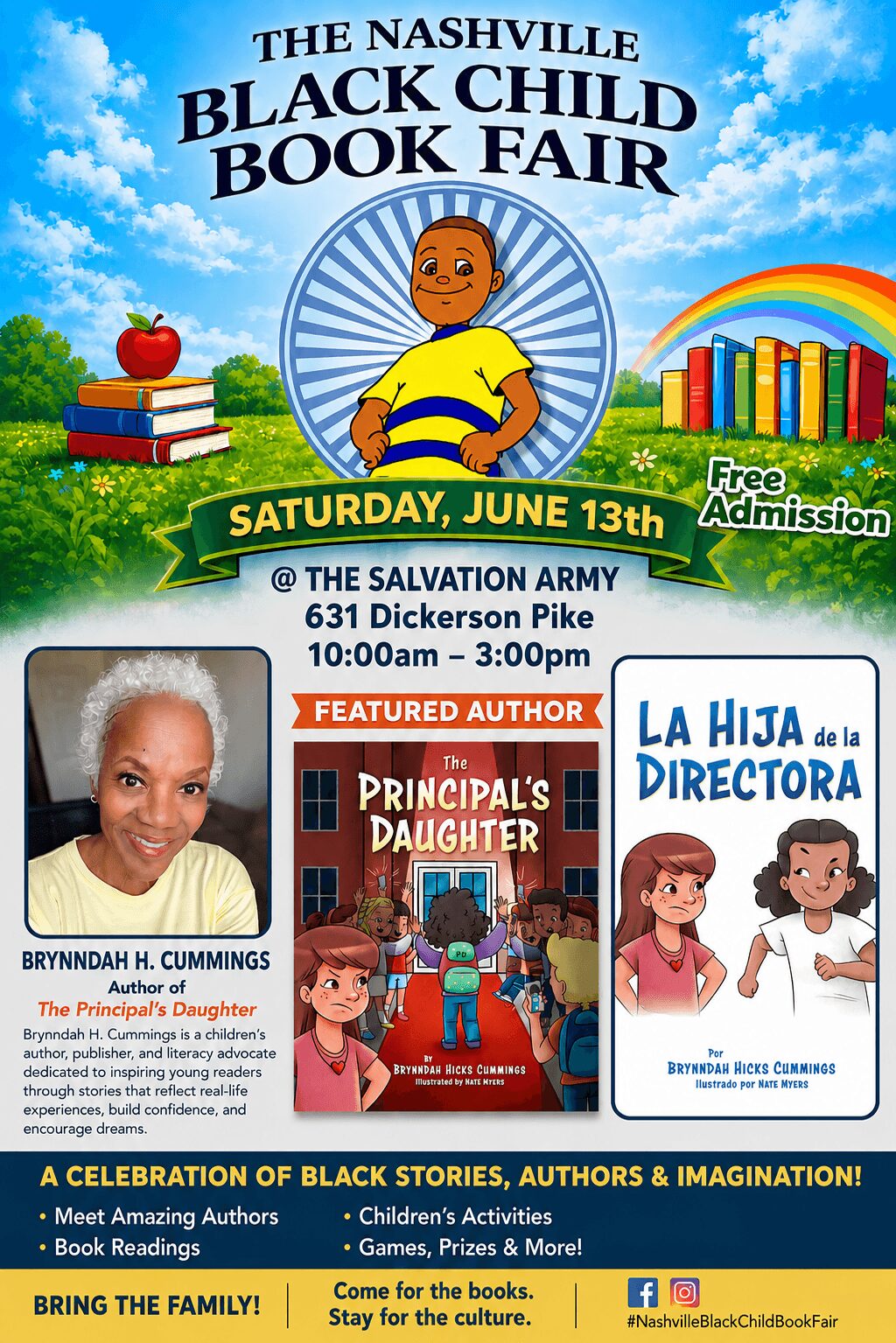 Poster for Nashville Black Child Book Fair with event details, images of authors, and children's book covers.