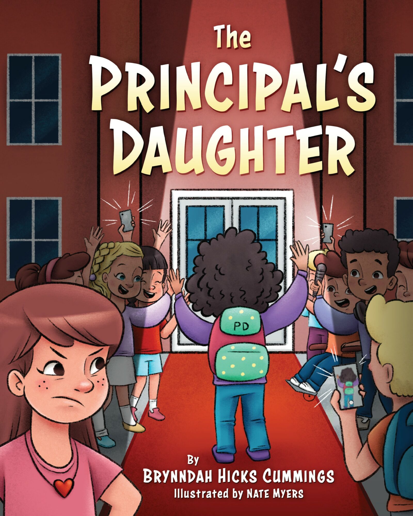 Children gather outside a school building, with a girl in the foreground and a person with curly hair in the center.