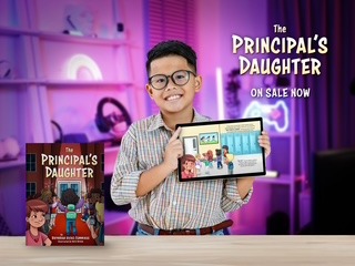 Child smiling holding a tablet in a room with purple lighting, promoting a book titled 'The Principal's Daughter'.