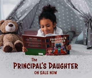 Young girl reading a book inside a tent with a teddy bear nearby, promoting a book titled 'The Principal's Daughter'.