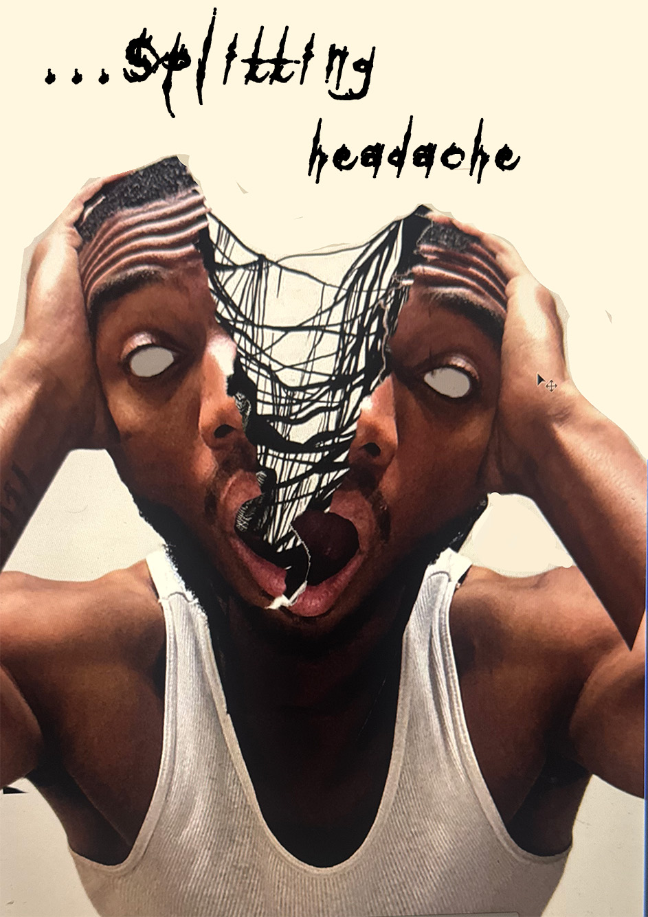 Person with hands on head, distorted face, and web-like lines connecting facial features, with text about splitting headache.