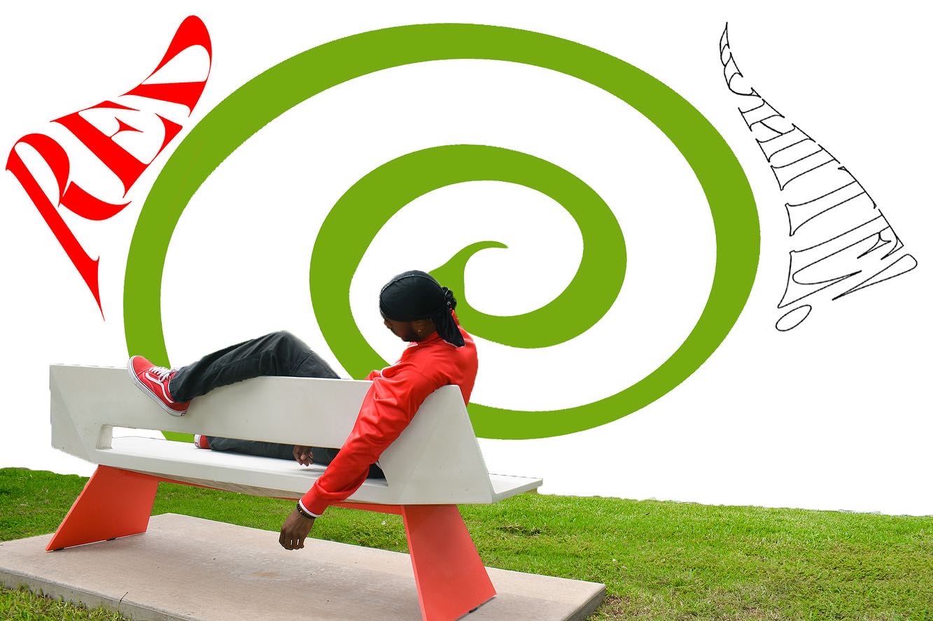 Person sitting on a bench outdoors with a large green spiral and text in the background.