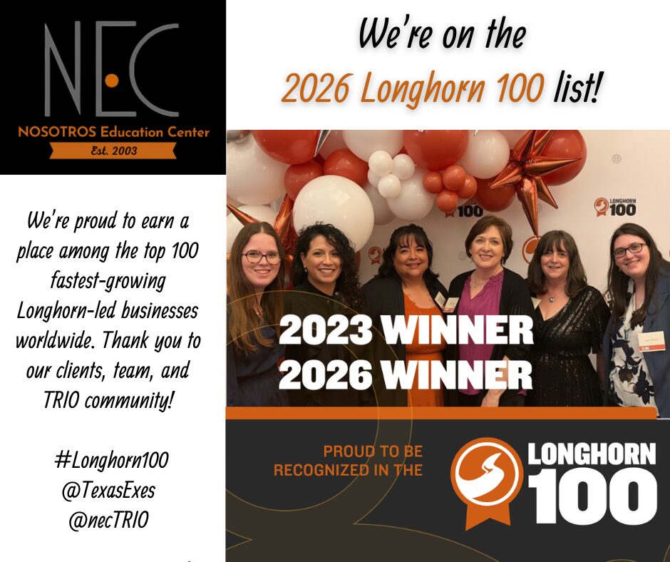 Group of six women holding balloons and awards, celebrating Longhorn 100 recognition, with event banners in the background.