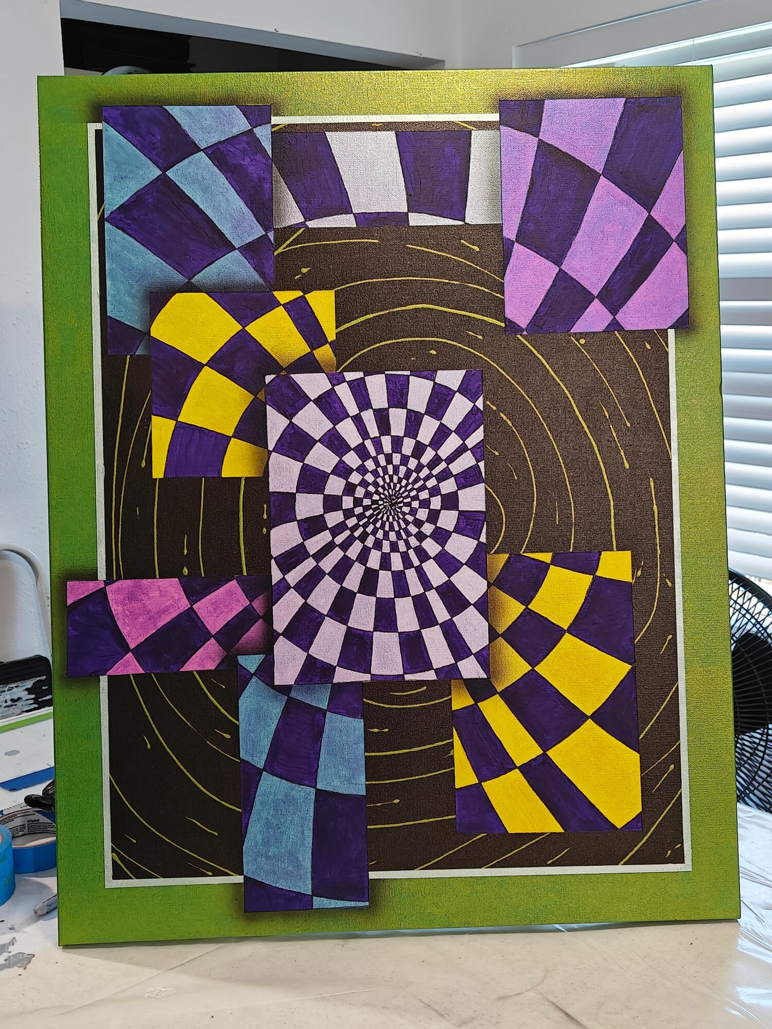 Colorful optical illusion artwork with checkered patterns and swirling lines, mounted on a green frame.