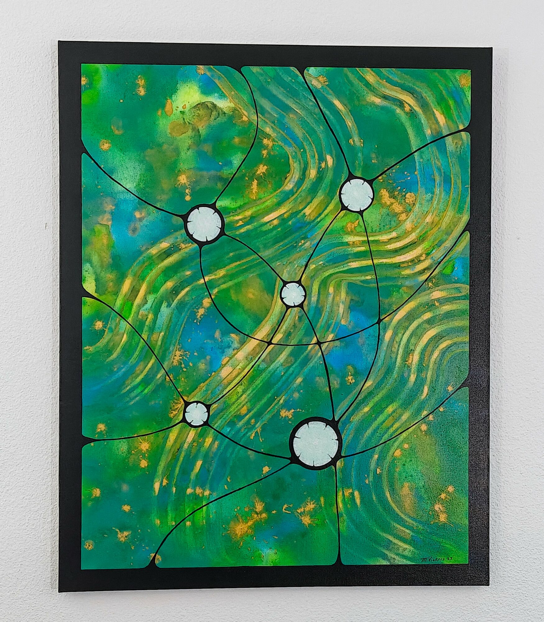Colorful abstract artwork with green, yellow, and blue swirls, divided into six puzzle pieces with black borders.