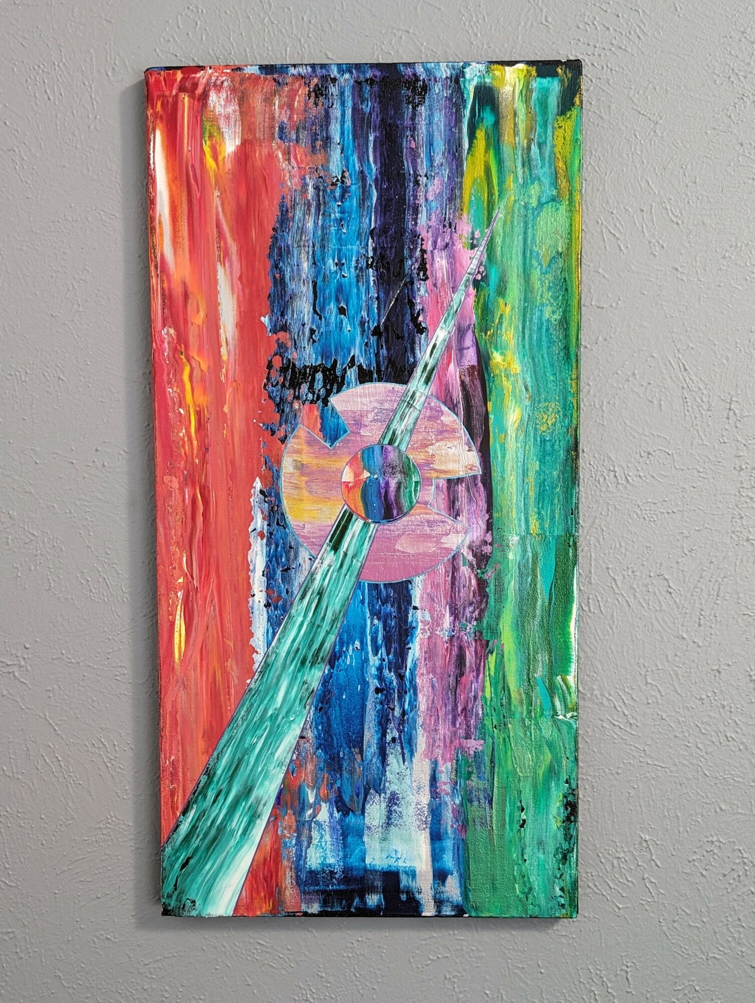 Colorful abstract painting of a unicorn with a rainbow mane and horn, on a textured background.