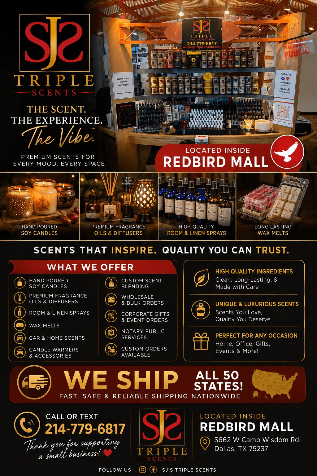 Store display with S2 Triple Scents logo, Redbird Mall sign, and promotional signs for scents and products.