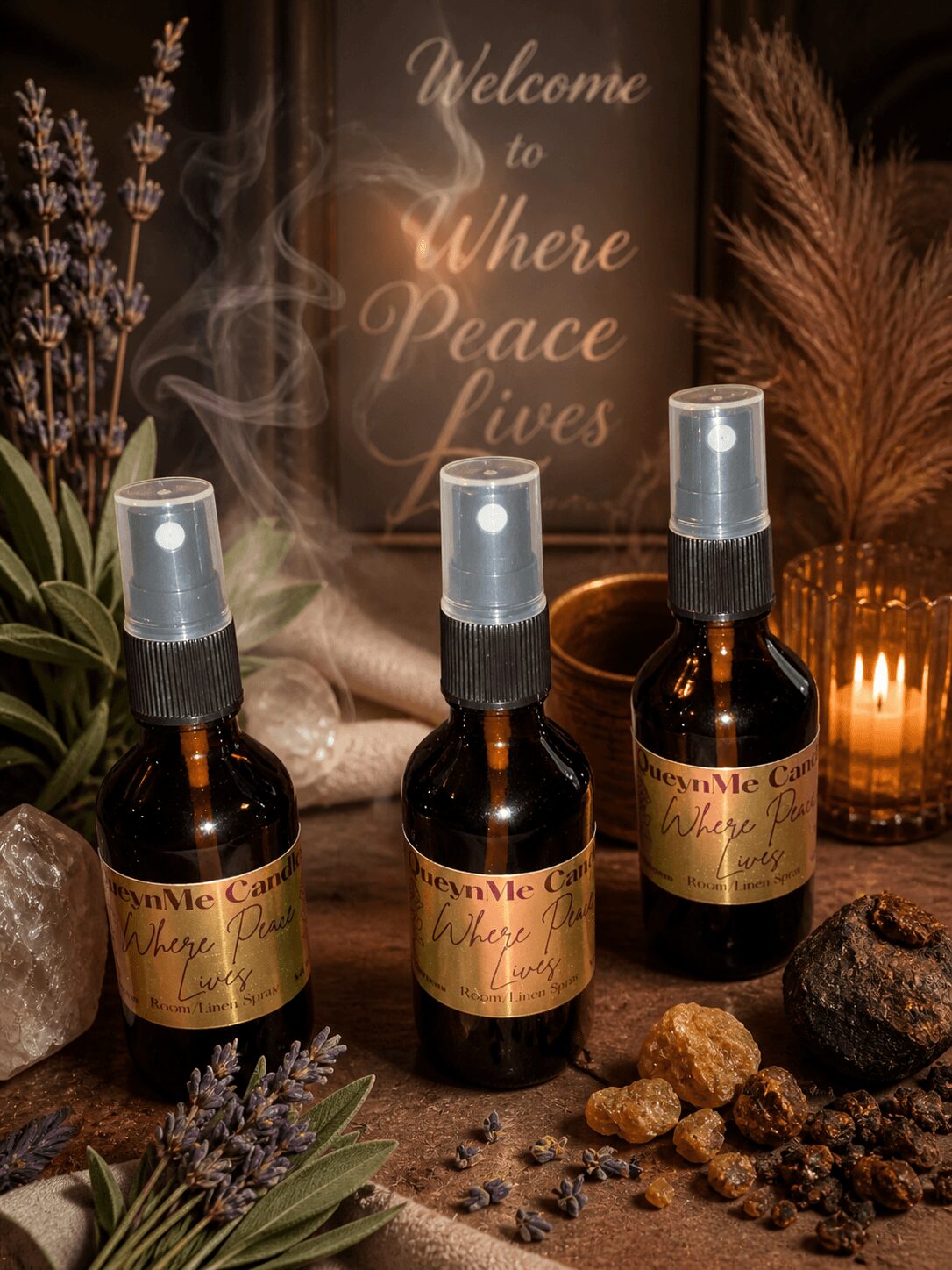 Three spray bottles with labels, surrounded by herbs, stones, and candles, with a blurred sign reading 'Welcome to Where Peace Lives' in the background.