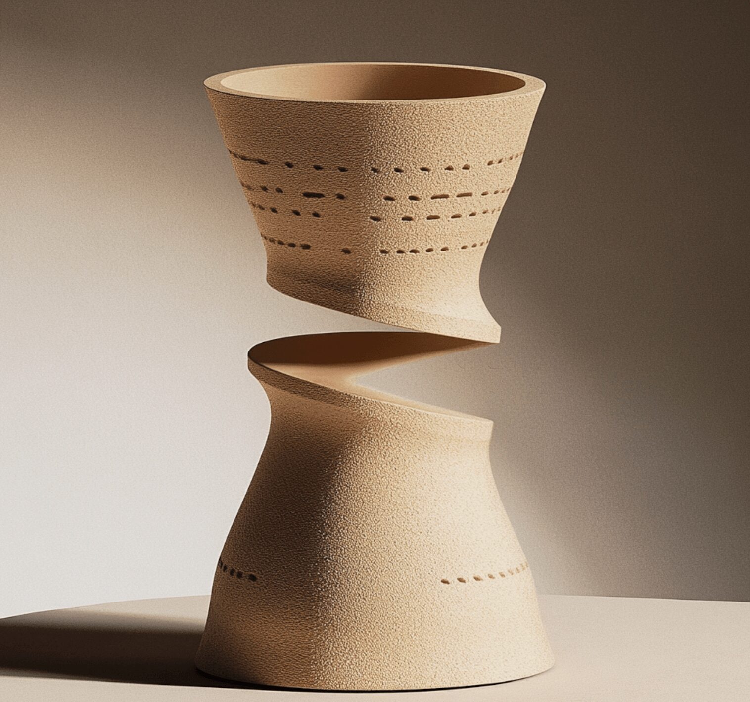 Two beige ceramic bowls stacked, one upside down, with dotted patterns, on a white surface against a neutral background.