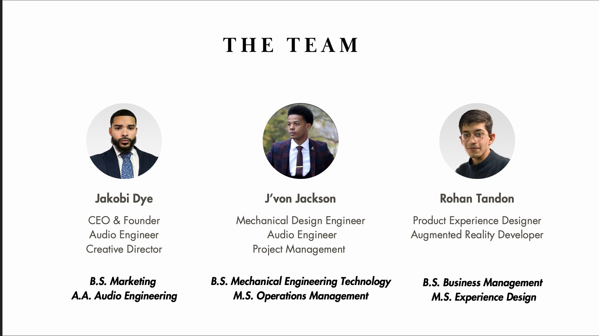 Team photo with three men, names and titles below, titled 'The Team'.