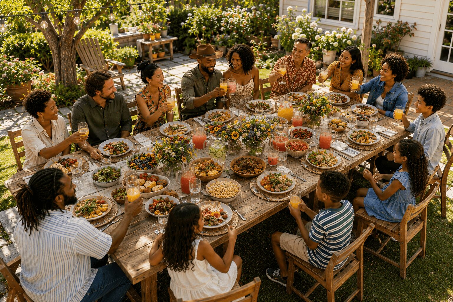 Group of people gathered around a table outdoors, enjoying a meal with various dishes and drinks, in a garden setting.