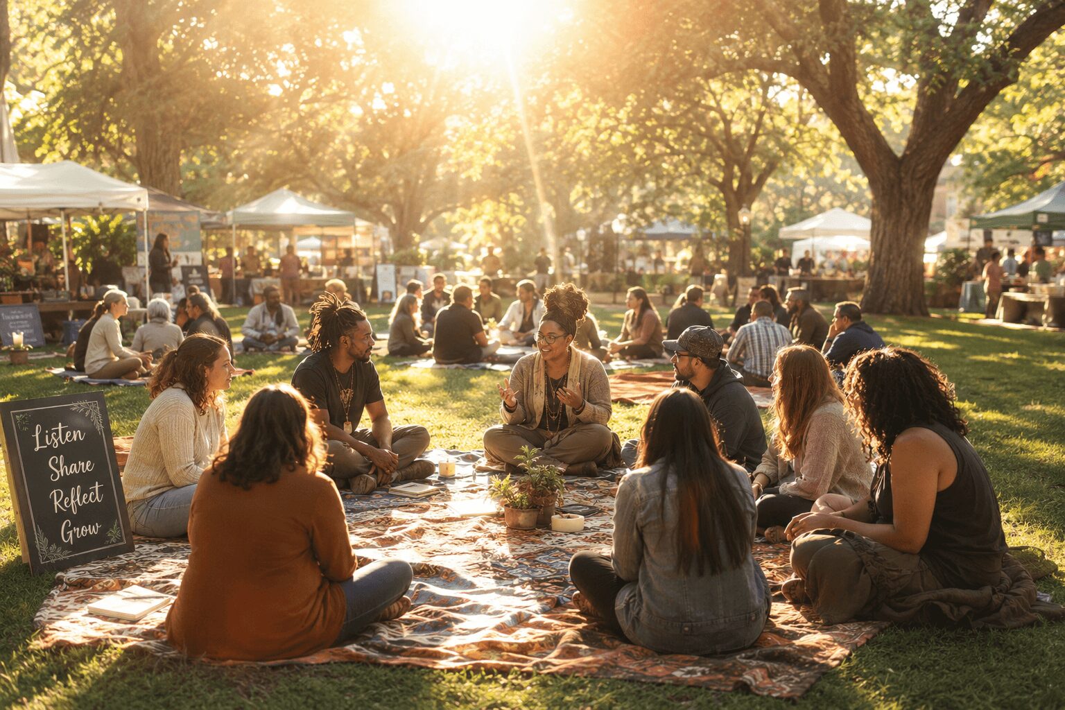 People sitting on a blanket in a park with trees and sunlight, some tents and a signboard nearby, outdoor event.
