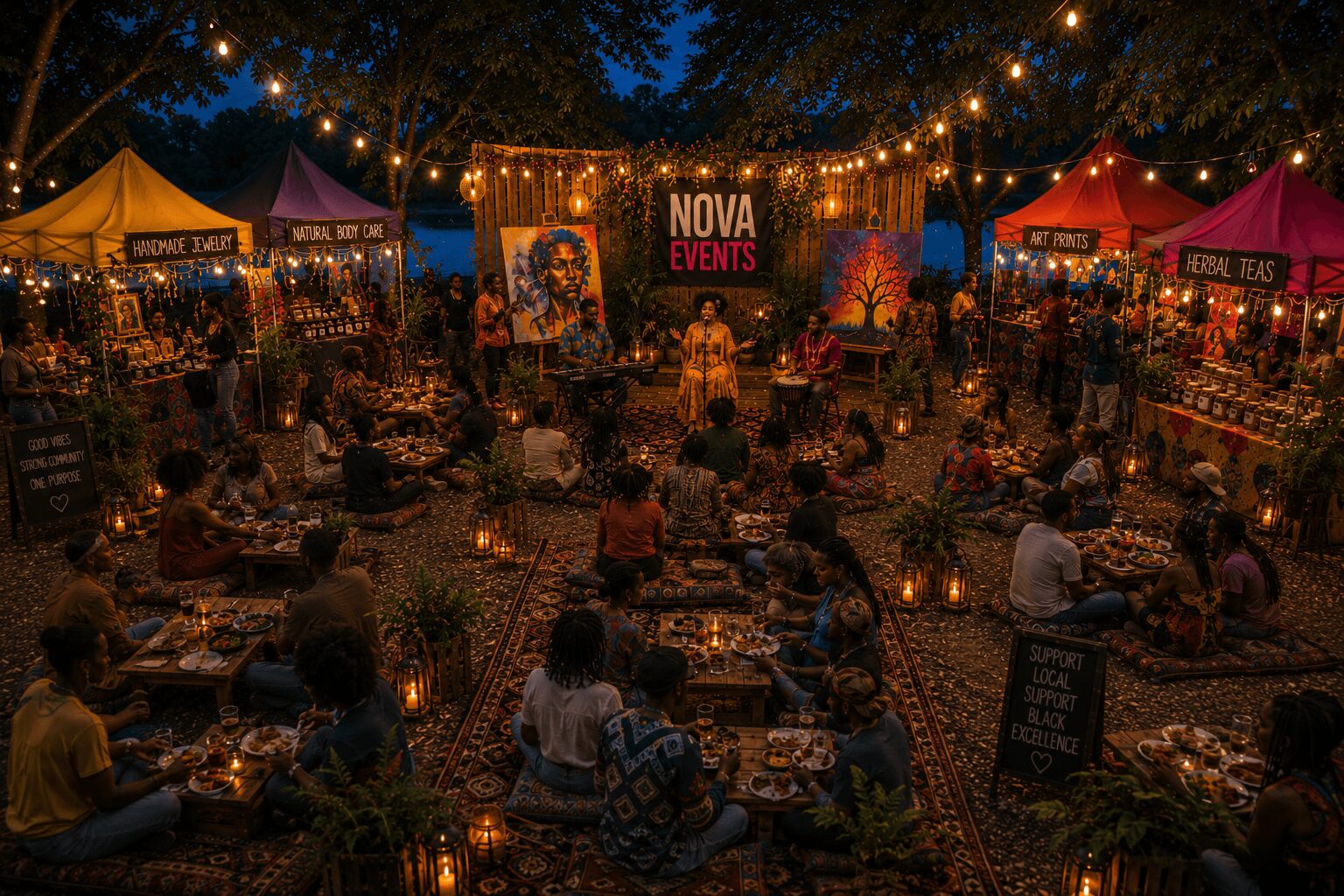 Night market scene with tents, string lights, and people sitting on the ground, surrounded by plants and displays.