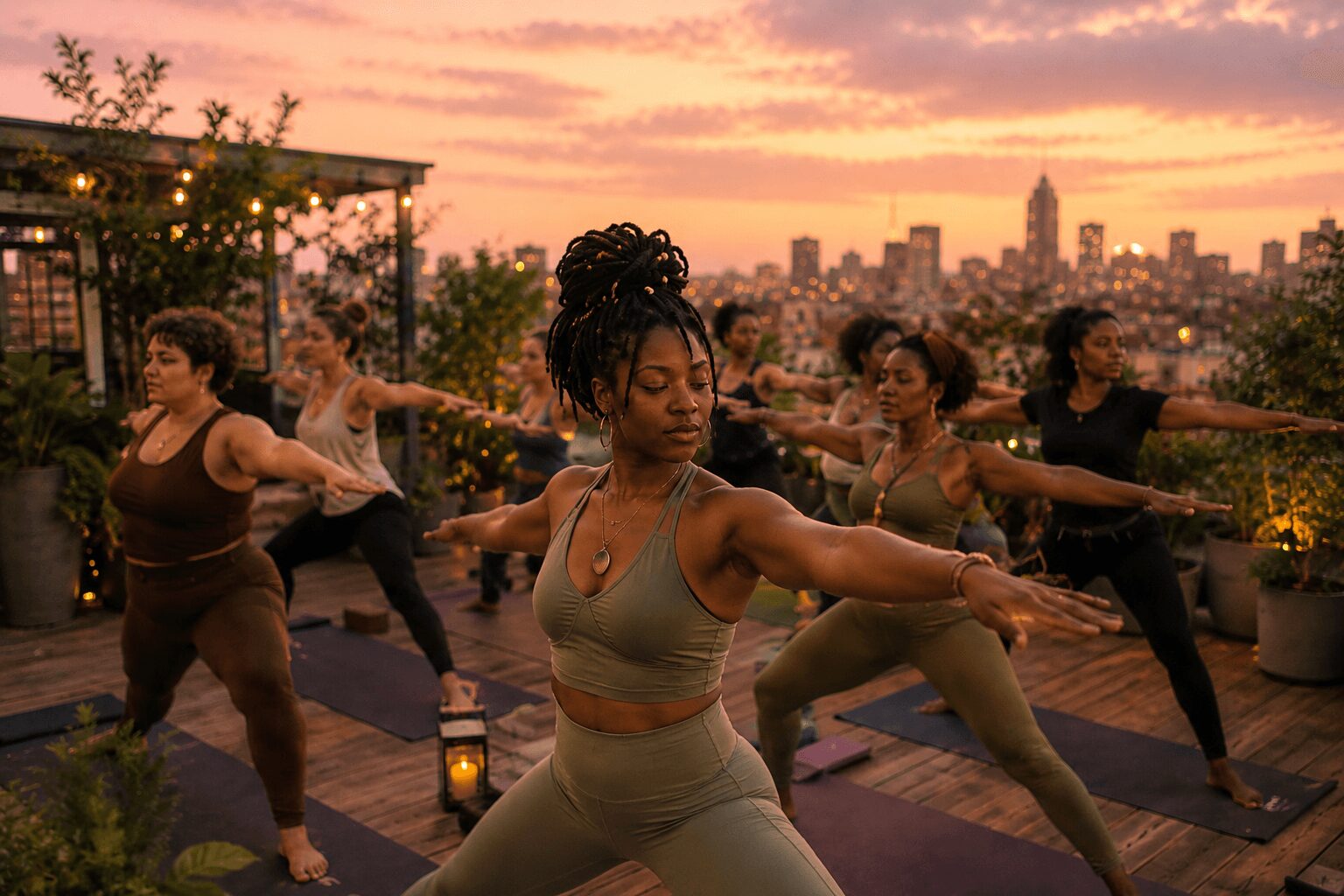 Group of women practicing yoga on a rooftop at sunset with city skyline in background, arms extended, focused expressions.