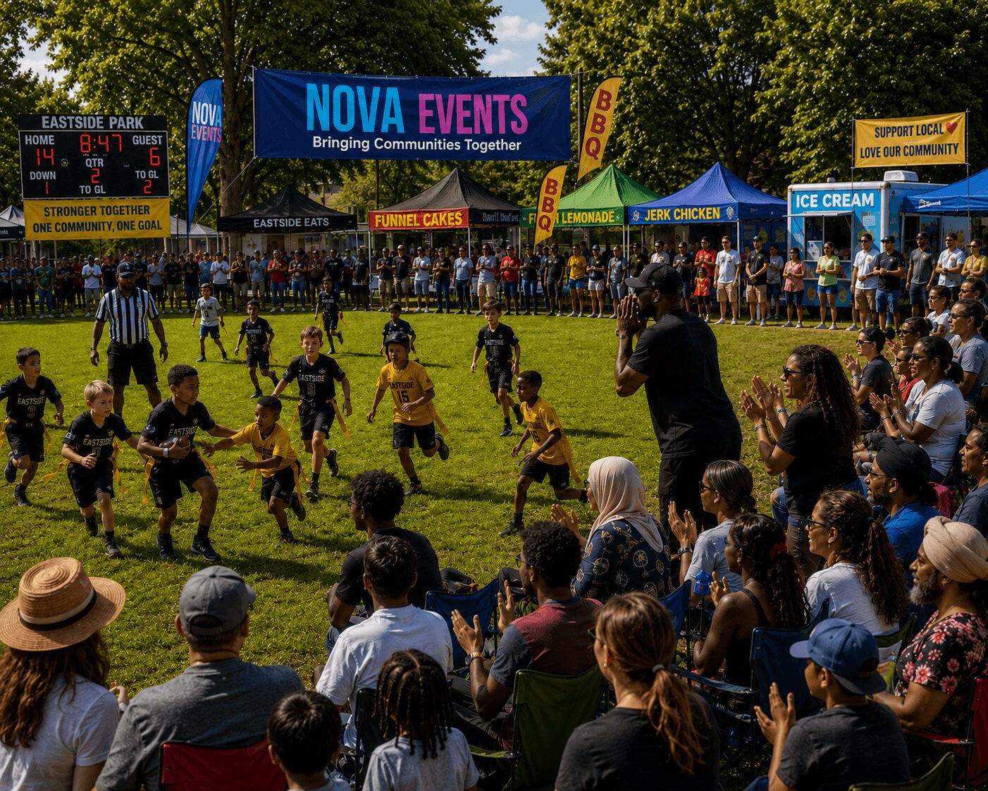Children in yellow and black uniforms playing a game on a grassy field with spectators watching, banners and signs in the background.