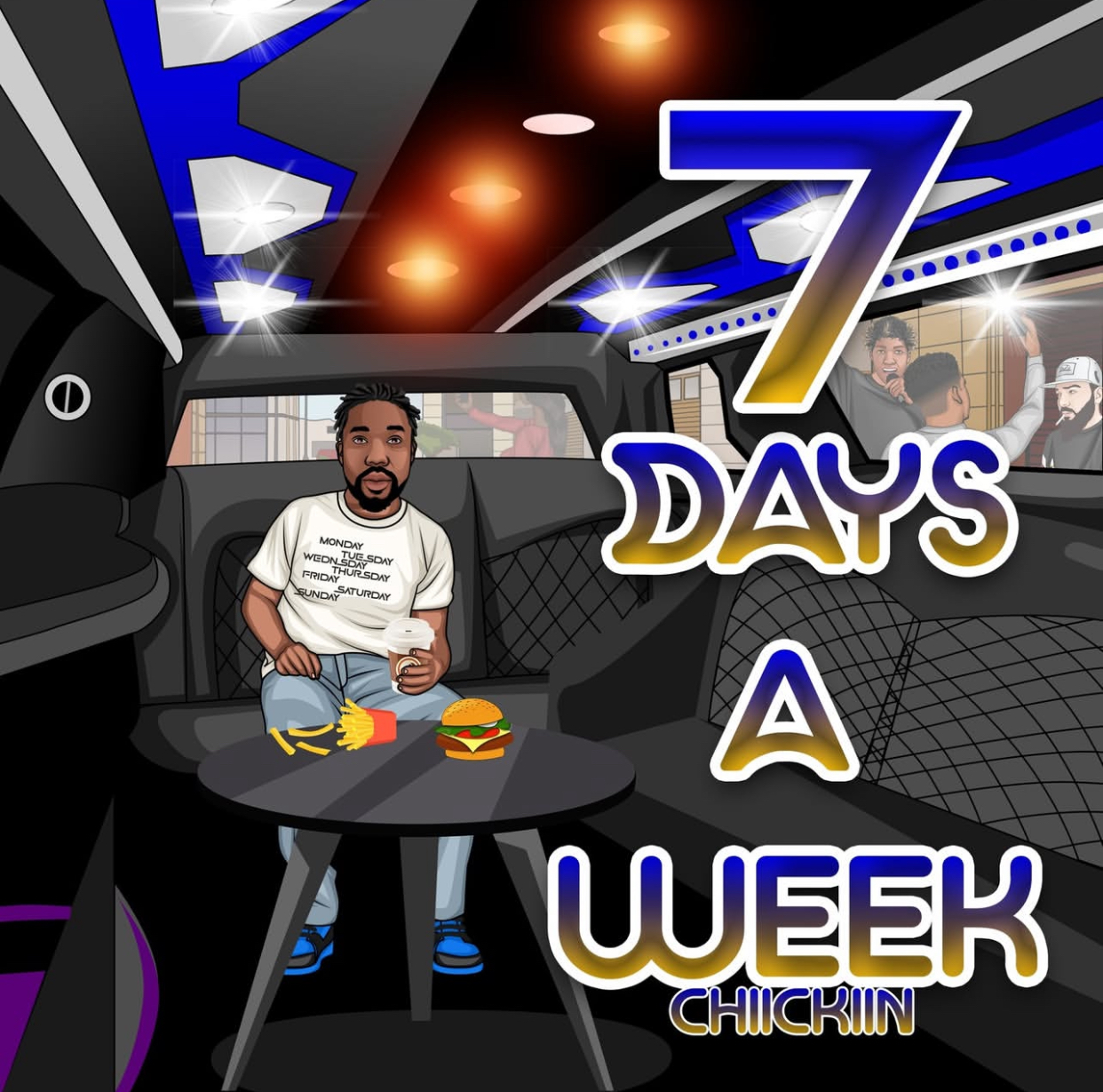 Person sitting inside a vehicle with a table and food, with text indicating seven days in a week, Chickinn.