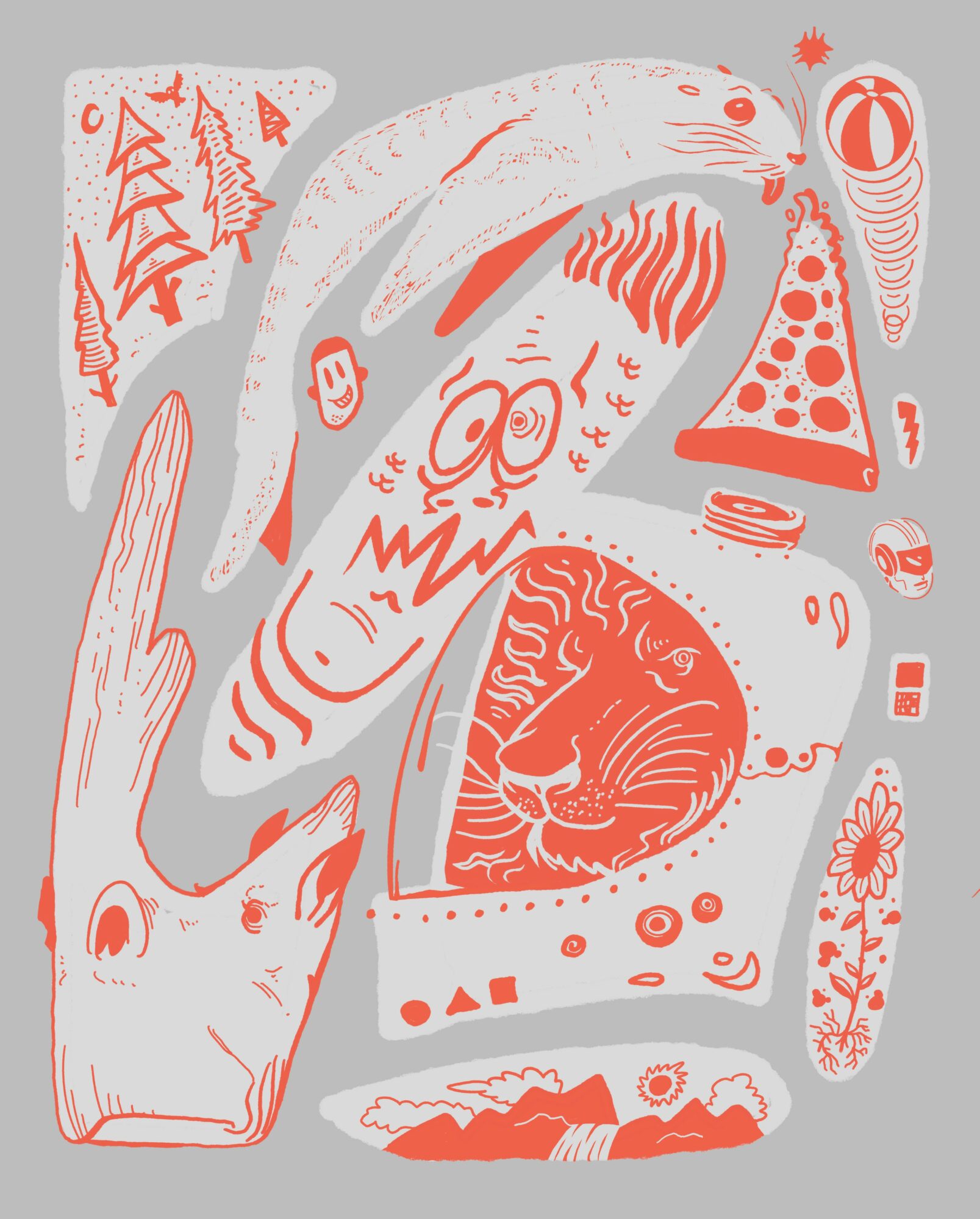 Abstract illustration with animal and nature elements, including a lion, trees, and various shapes, in red and gray colors.