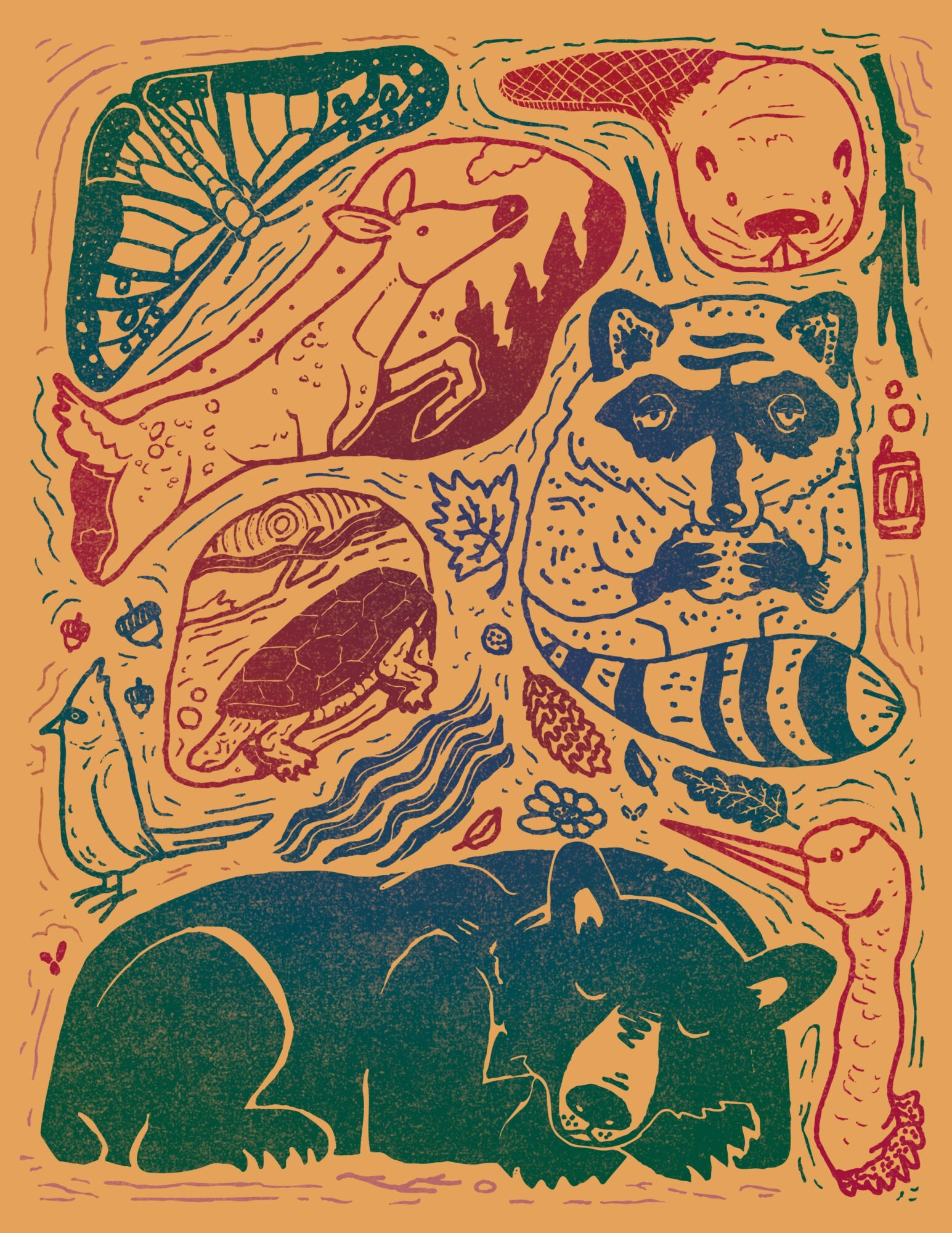 Collection of animals including a bear, tiger, whale, snake, and a dog, with various natural elements in a colorful illustration.
