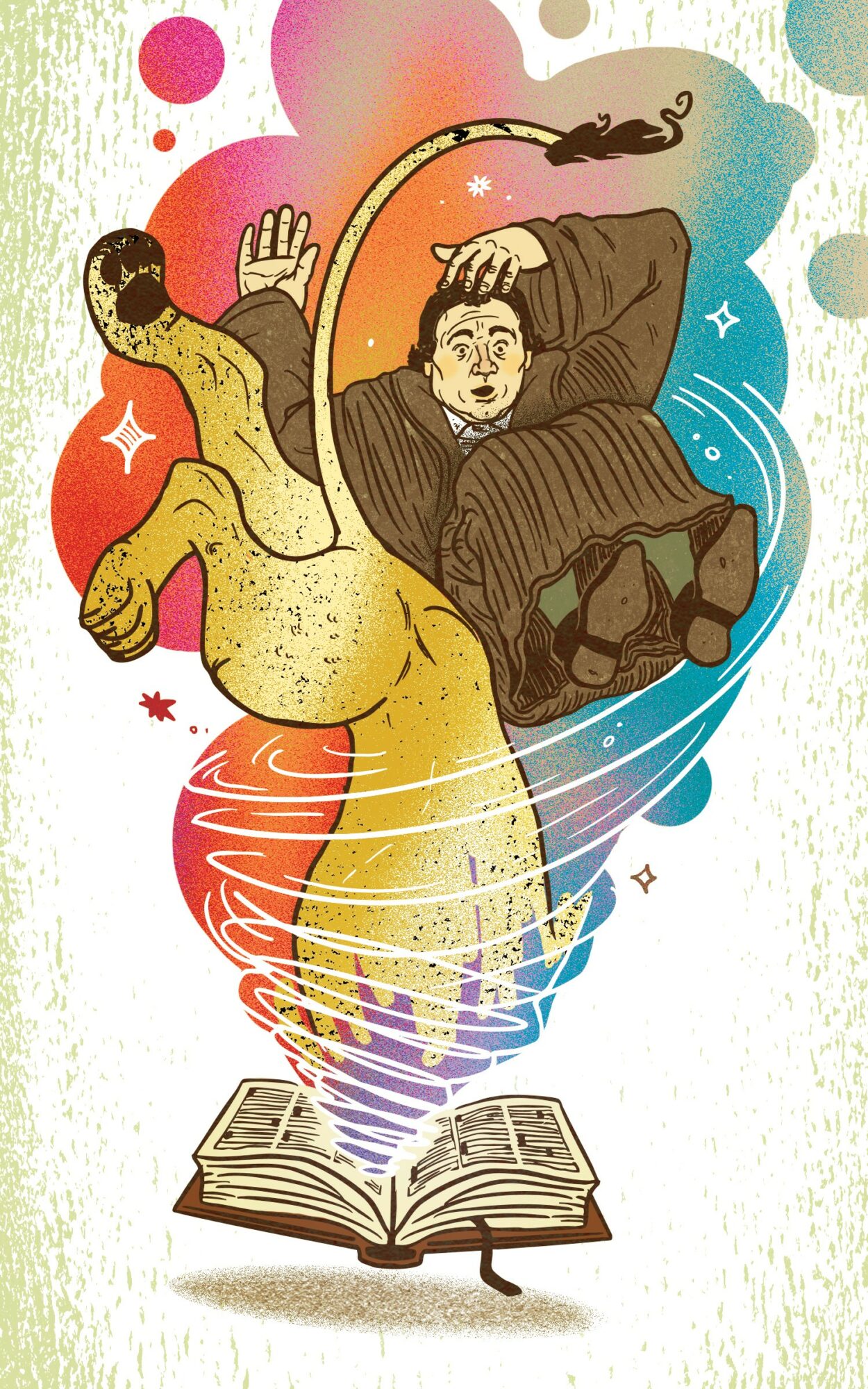 Person lying on a couch with a book, surrounded by colorful abstract shapes and a horse emerging from the book.