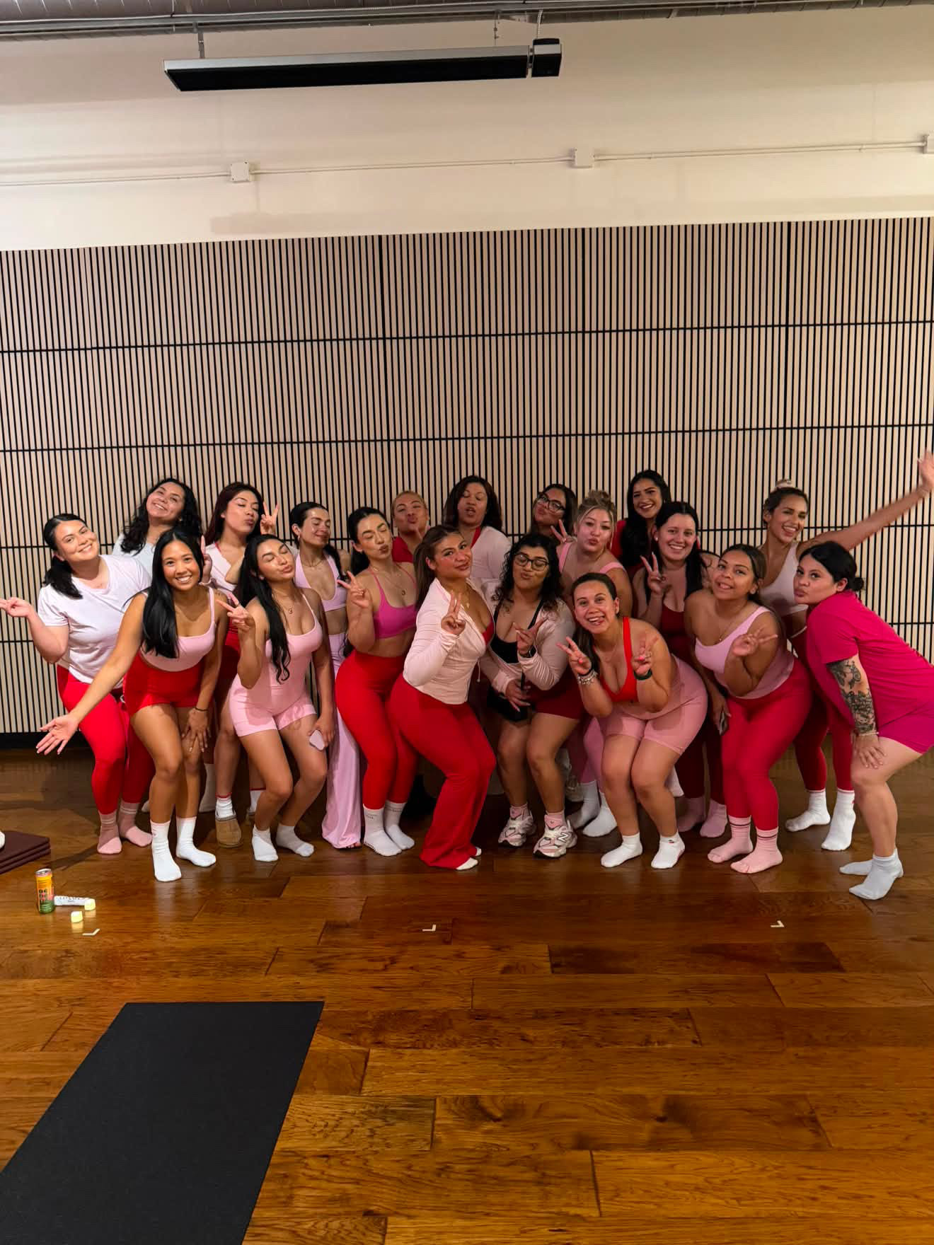 Group of women in colorful dance costumes posing together in a dance studio with wooden floor and striped wall.