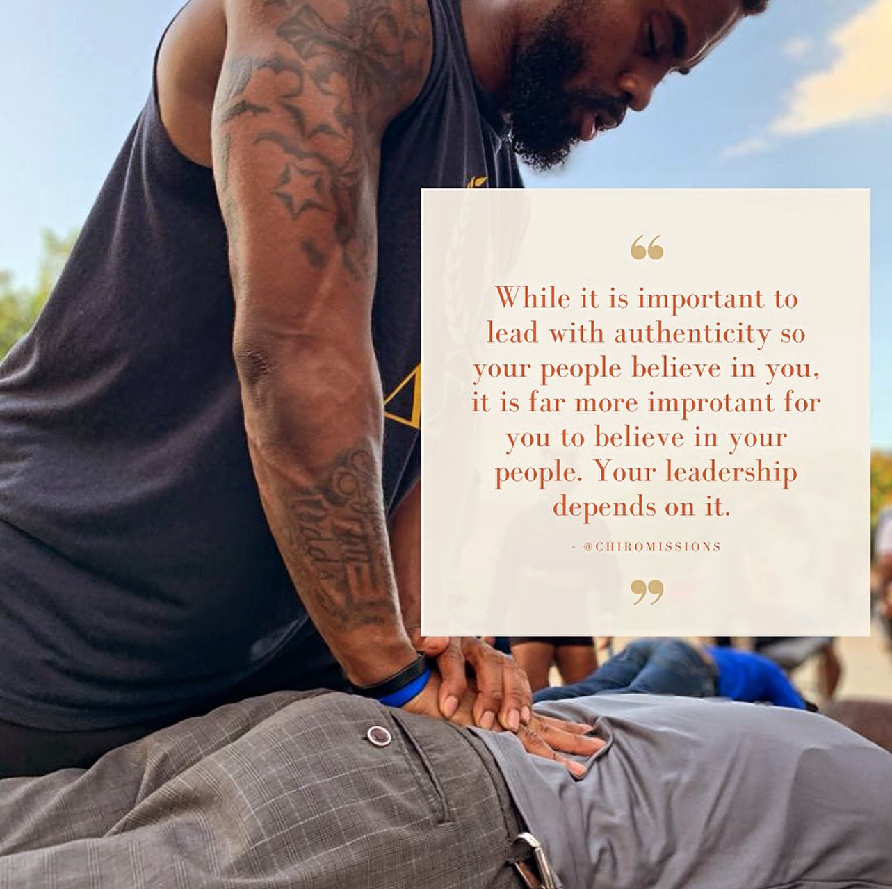 A man with tattoos performs CPR on a person lying on the ground outdoors, with a quote about leadership and authenticity.
