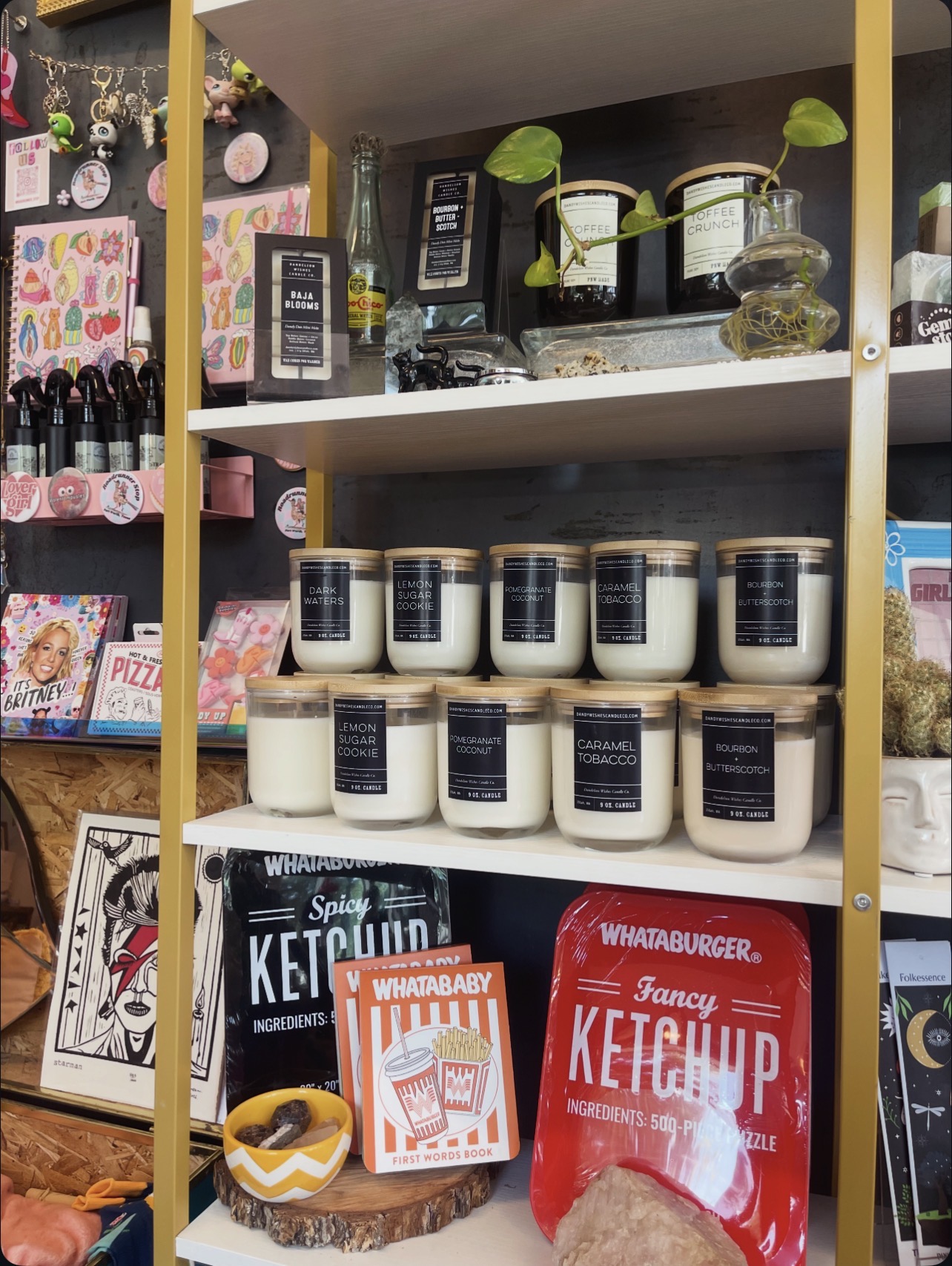 Shelf with jars of condiments, plants, and packaged food items, including WhataBurger ketchup packets, in a grocery store setting.