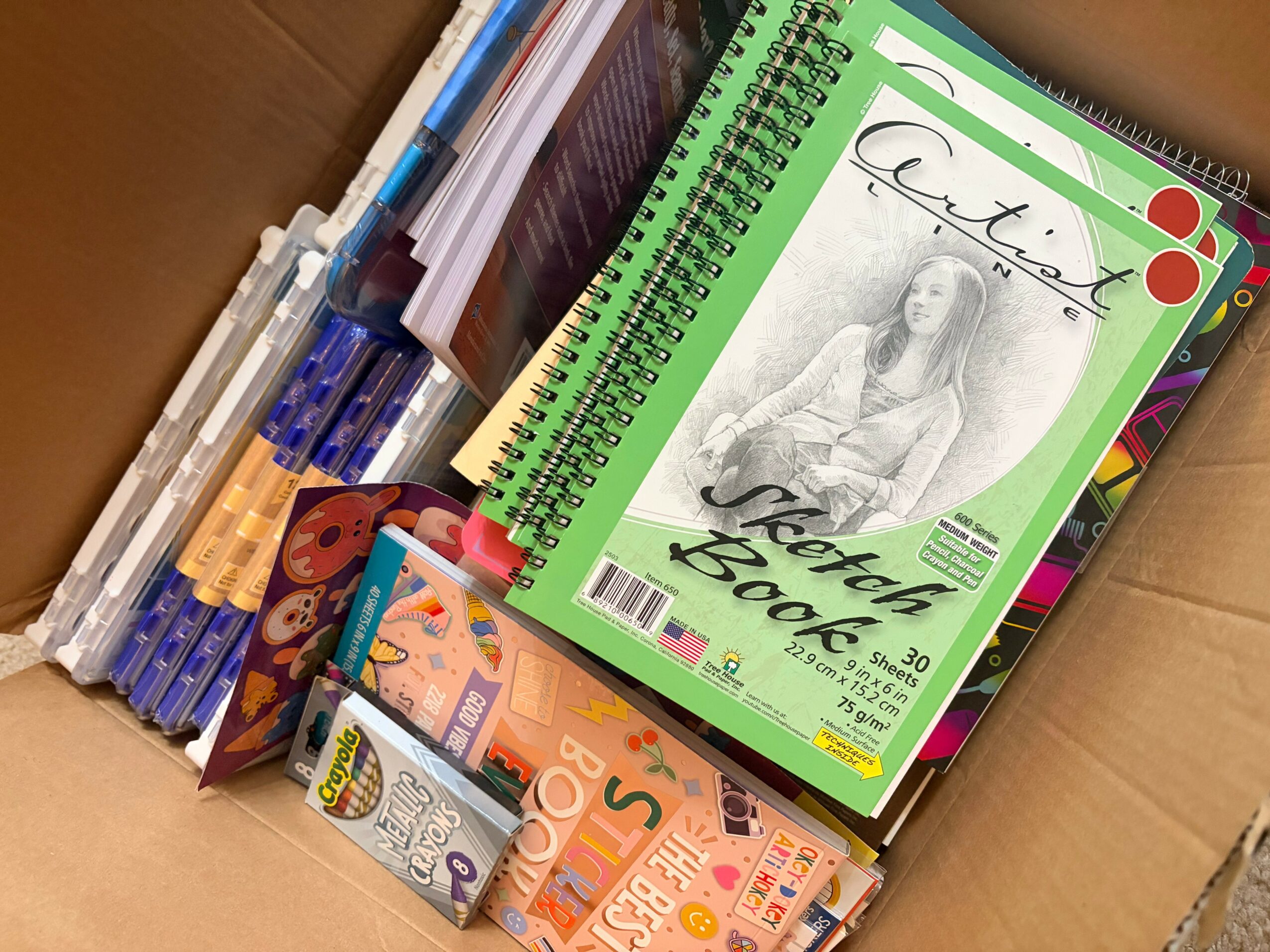 A collection of notebooks, pens, and stationery items inside a cardboard box.