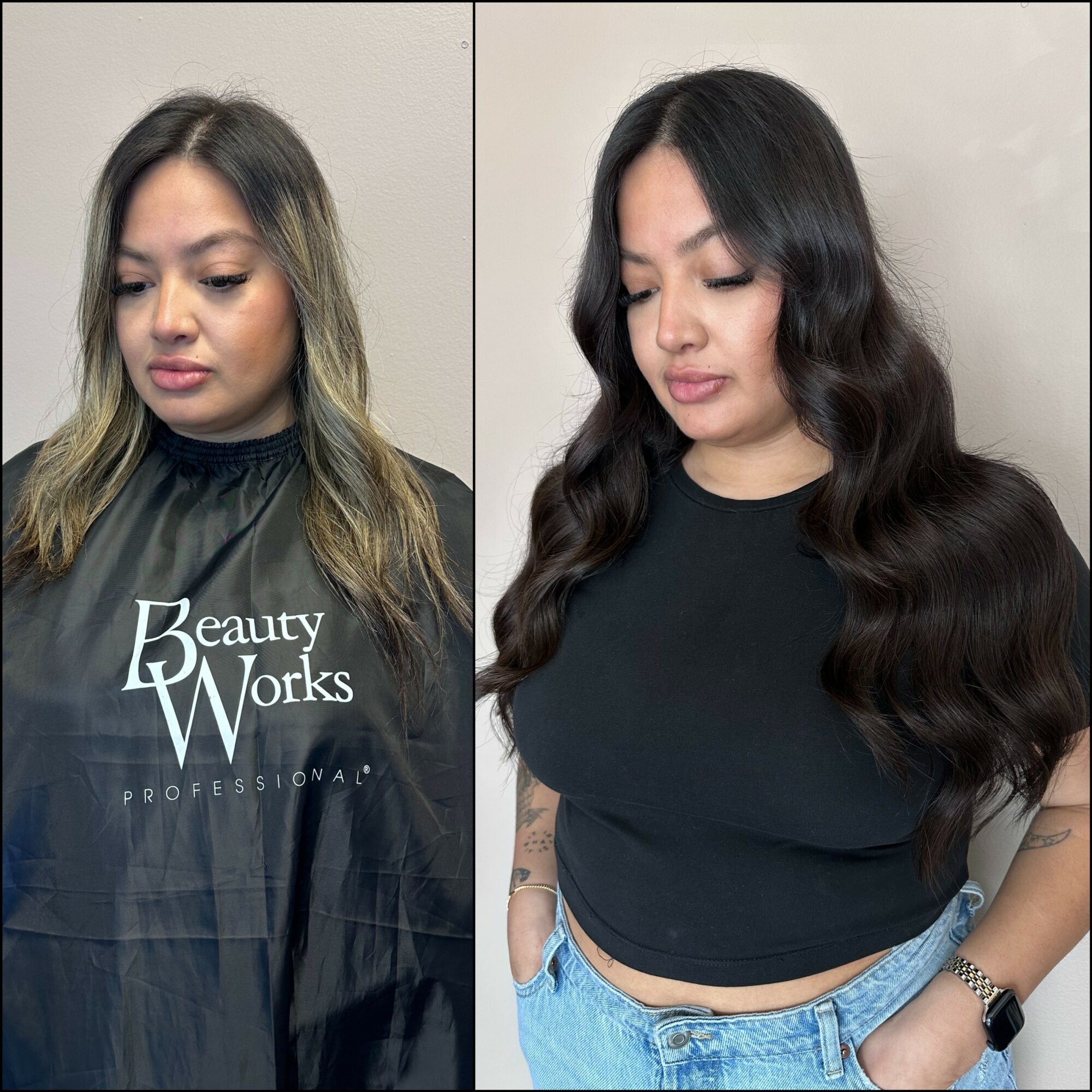 Side-by-side images of a woman before and after hair transformation, showing long, wavy, dark hair, wearing a black top and jeans.