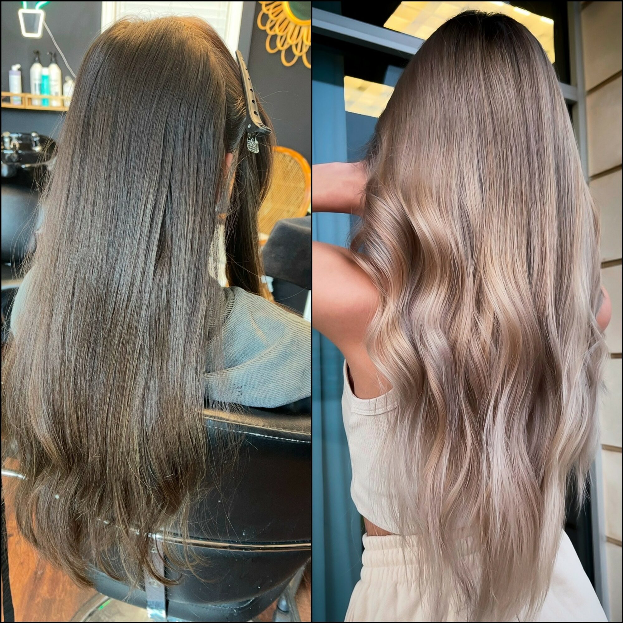 Side-by-side images of long, straight hair before and after styling, showing a color change and wavy texture in the after image.