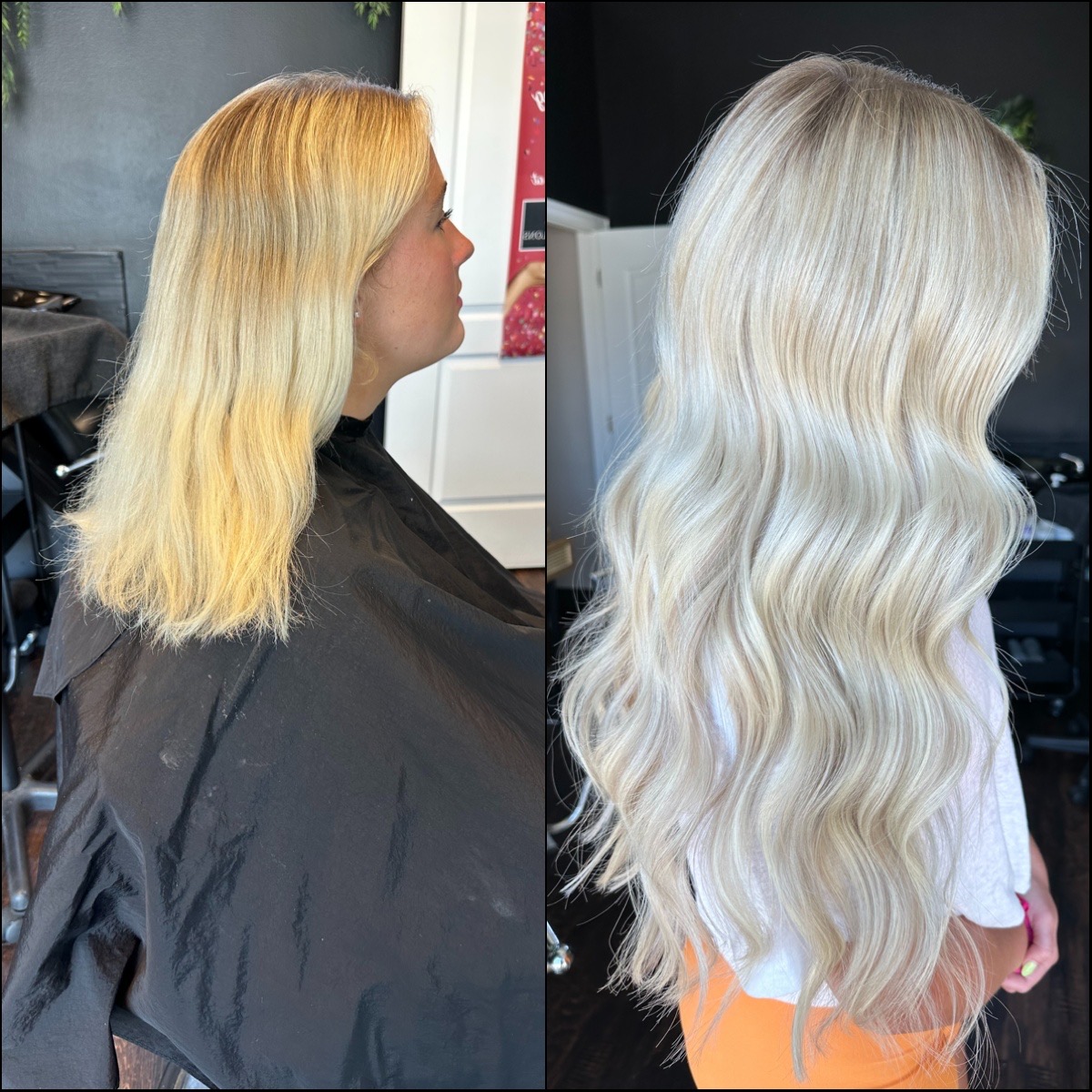 Side view of a woman with long, wavy, platinum blonde hair before and after hair coloring.