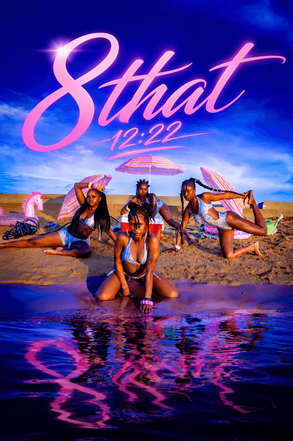Four women in swimsuits and umbrellas on a beach, with water and sky in the background, and text reading '8th that 12:22'.