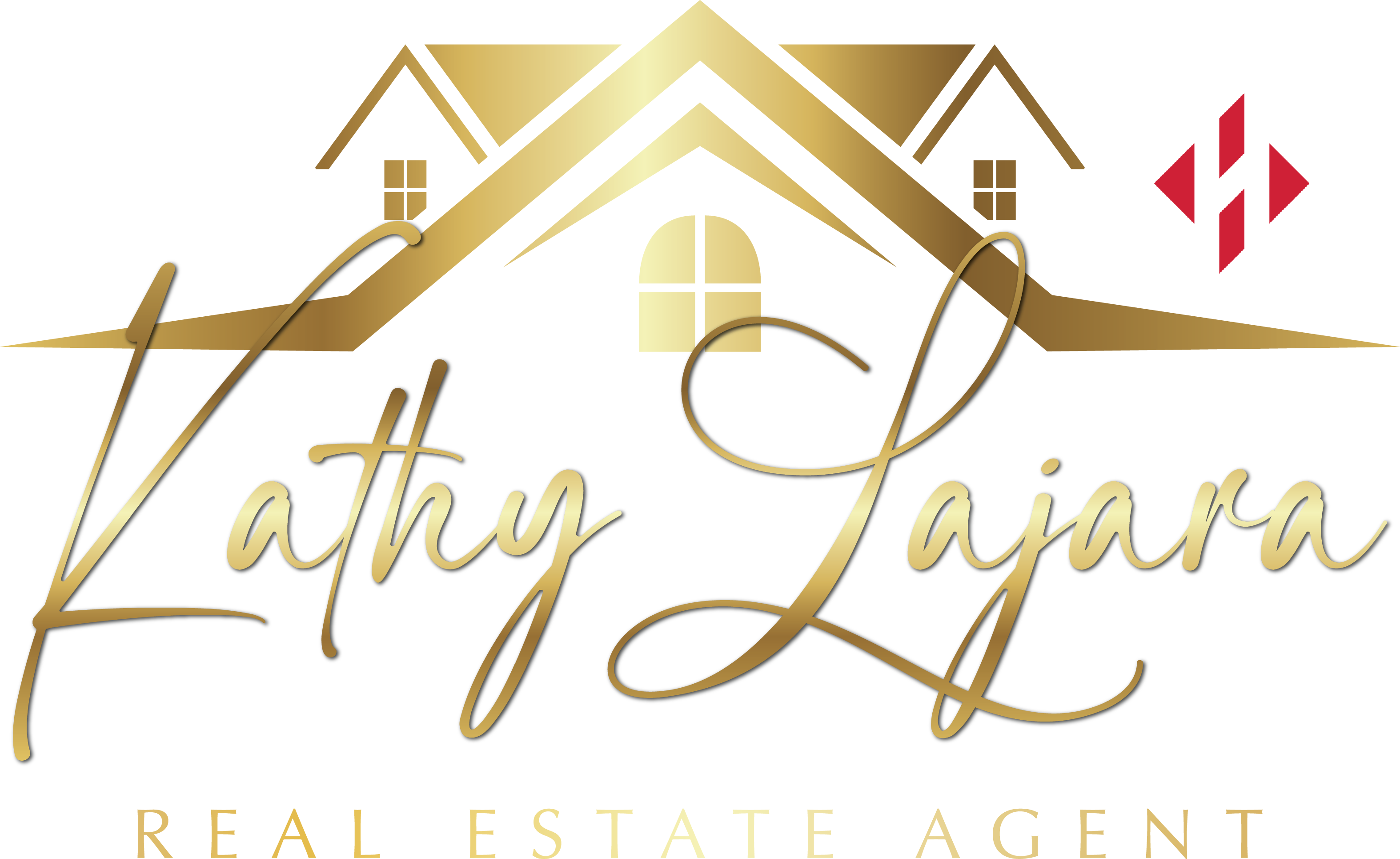 Logo with gold house outline, cursive text 'Kathy Lajara', and 'Real Estate Agent' below, on black background.