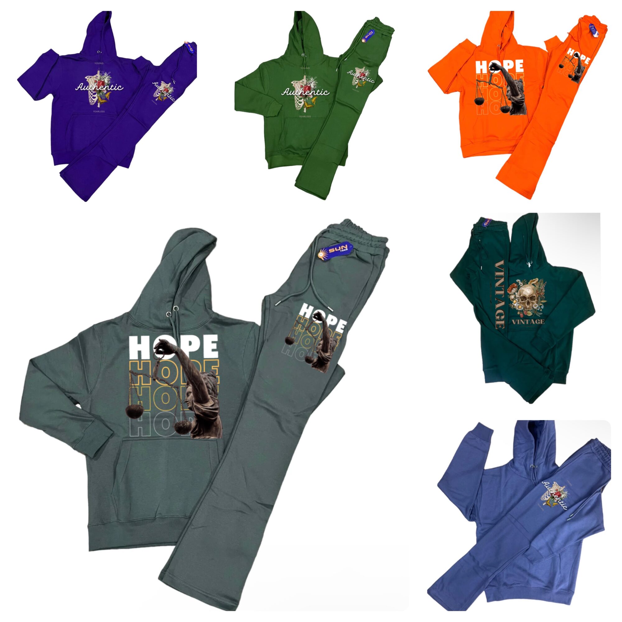 Six hooded sweatshirts and pants in purple, green, orange, gray, dark green, and blue, with various graphic designs and text.