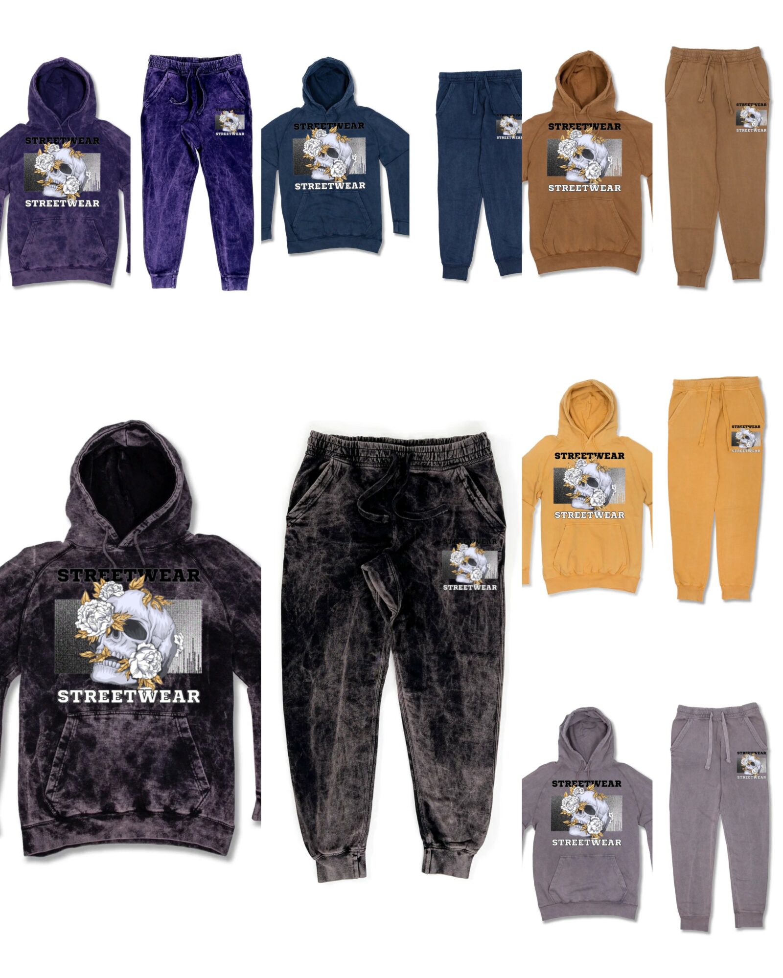Collection of hoodies and sweatpants in purple, blue, brown, black, yellow, and gray colors, displayed flat.