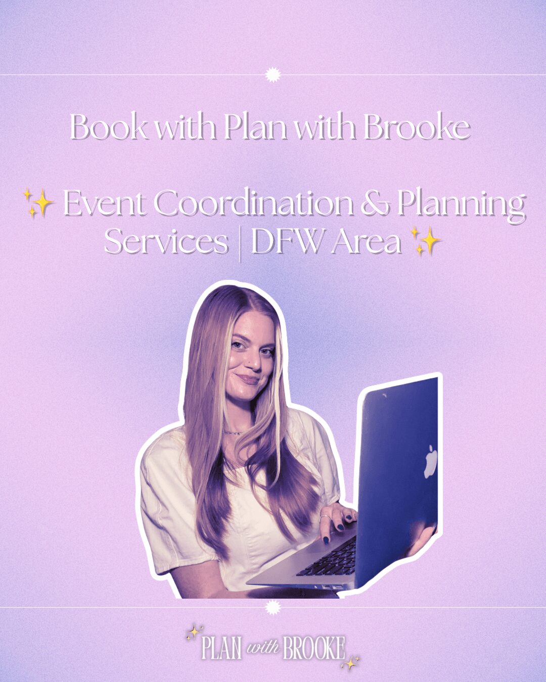 A woman with long hair using a laptop, with text about event planning and services in the background.