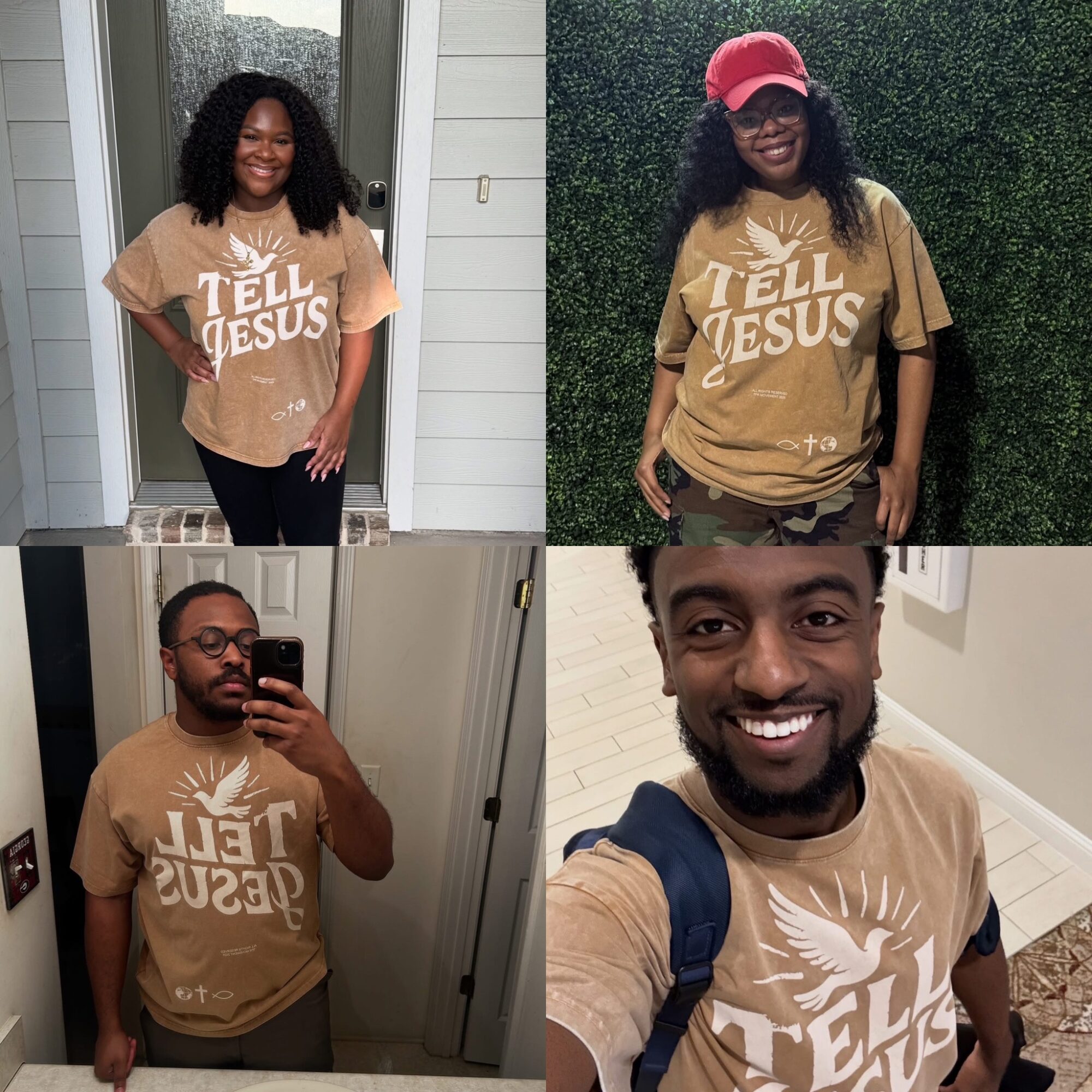 Four people wearing matching T-shirts, smiling, in different indoor settings, with varied backgrounds and accessories.