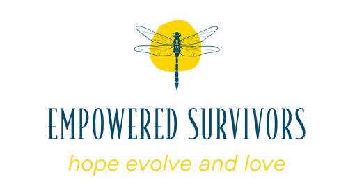 A dragonfly with wings spread over a yellow circle, with text 'EMPOWERED SURVIVORS' and 'hope evolve and love' below.