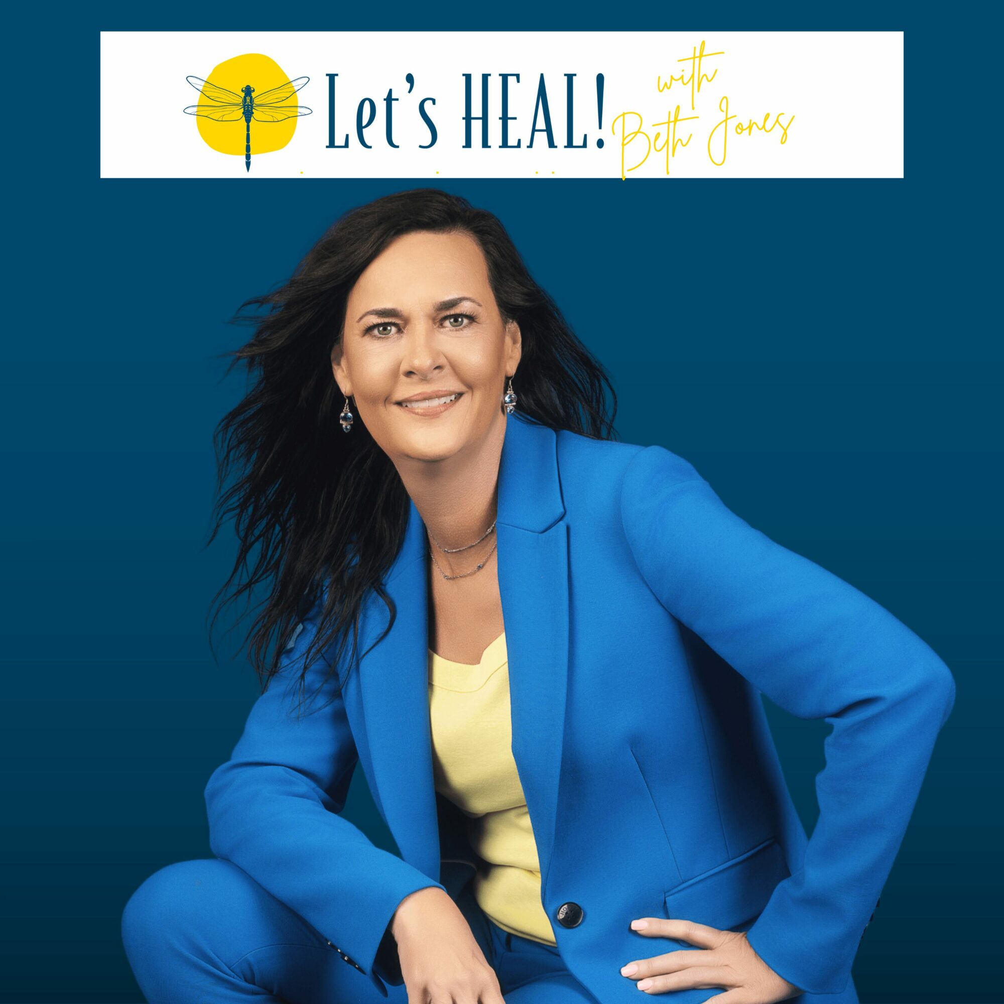Woman in blue blazer smiling, with a banner reading