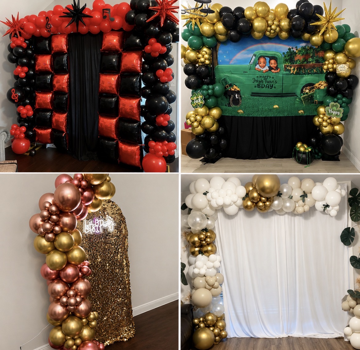 Balloon arch decorations in red, black, gold, green, and white with themed backdrops for celebrations.