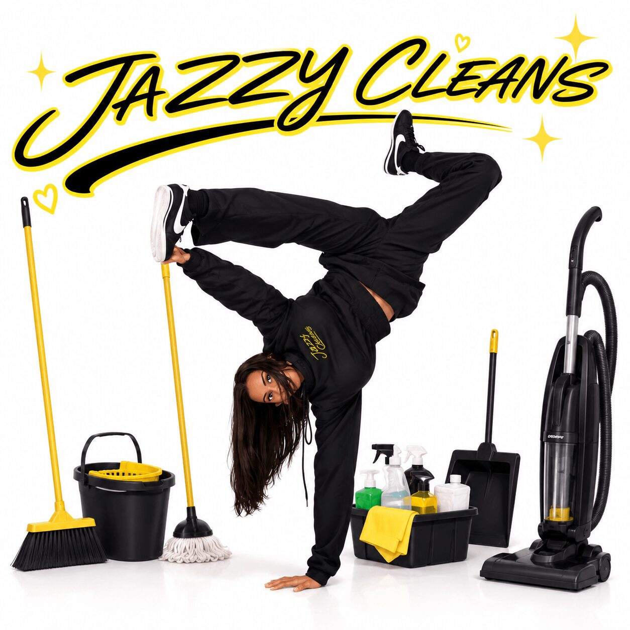 Person performing a handstand with cleaning supplies and equipment around them, logo reads Jazzy Cleans, bright background.