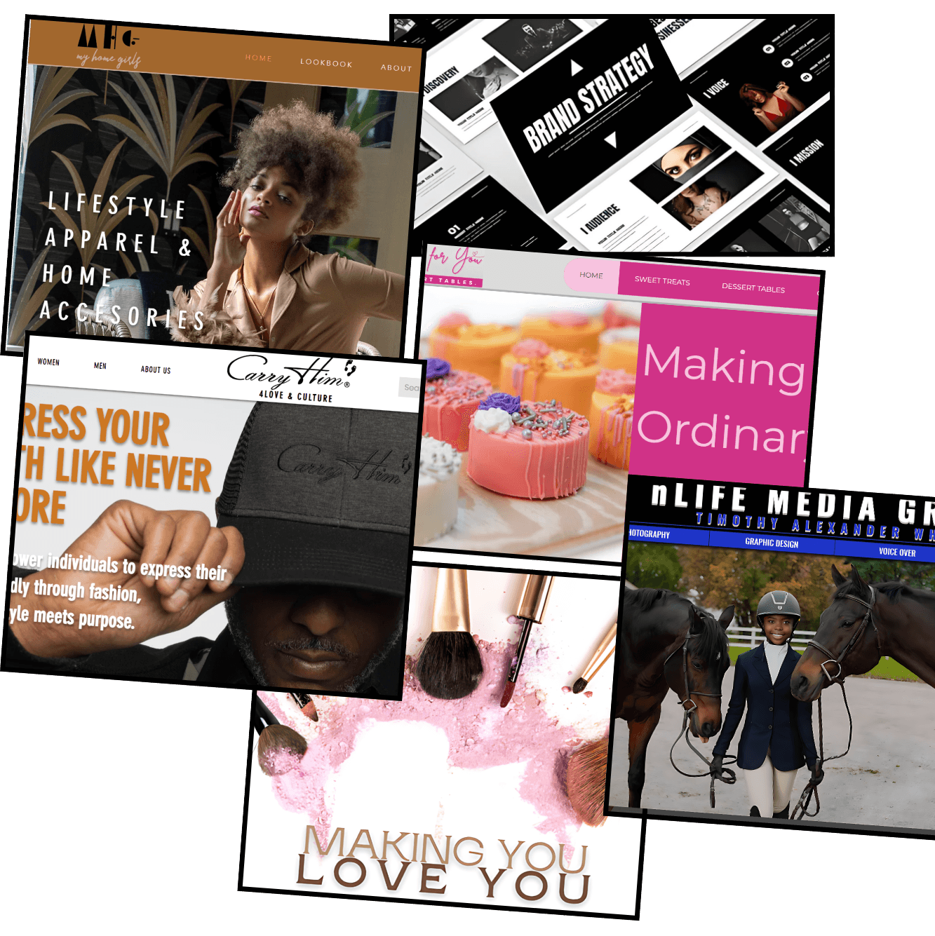 Collage of various lifestyle, branding, and social media design images with text and people.